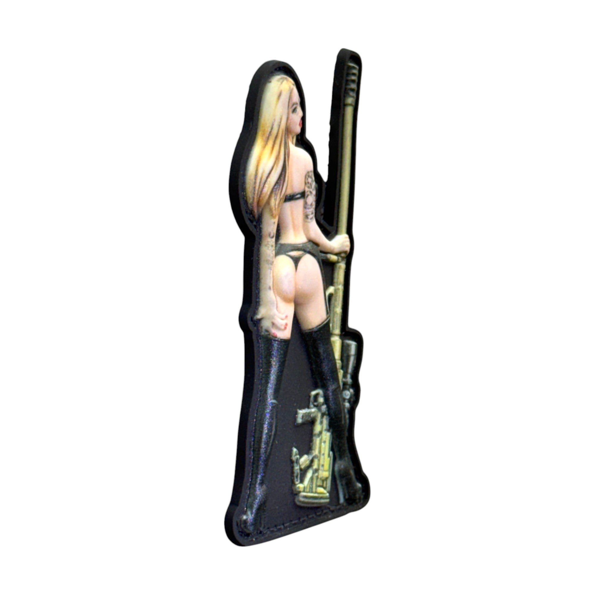 Pinup girl with black tattoos on hand and sniper rifle in hand. tactical military 3D PVC Hook and loop patch. Side view