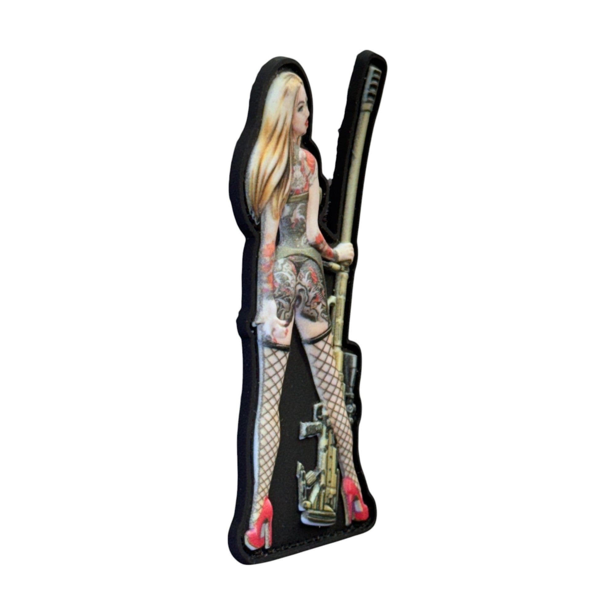 Pinup girl with red and black tattoos and sniper rifle in hand. tactical military 3D PVC Hook and loop patch. Side view