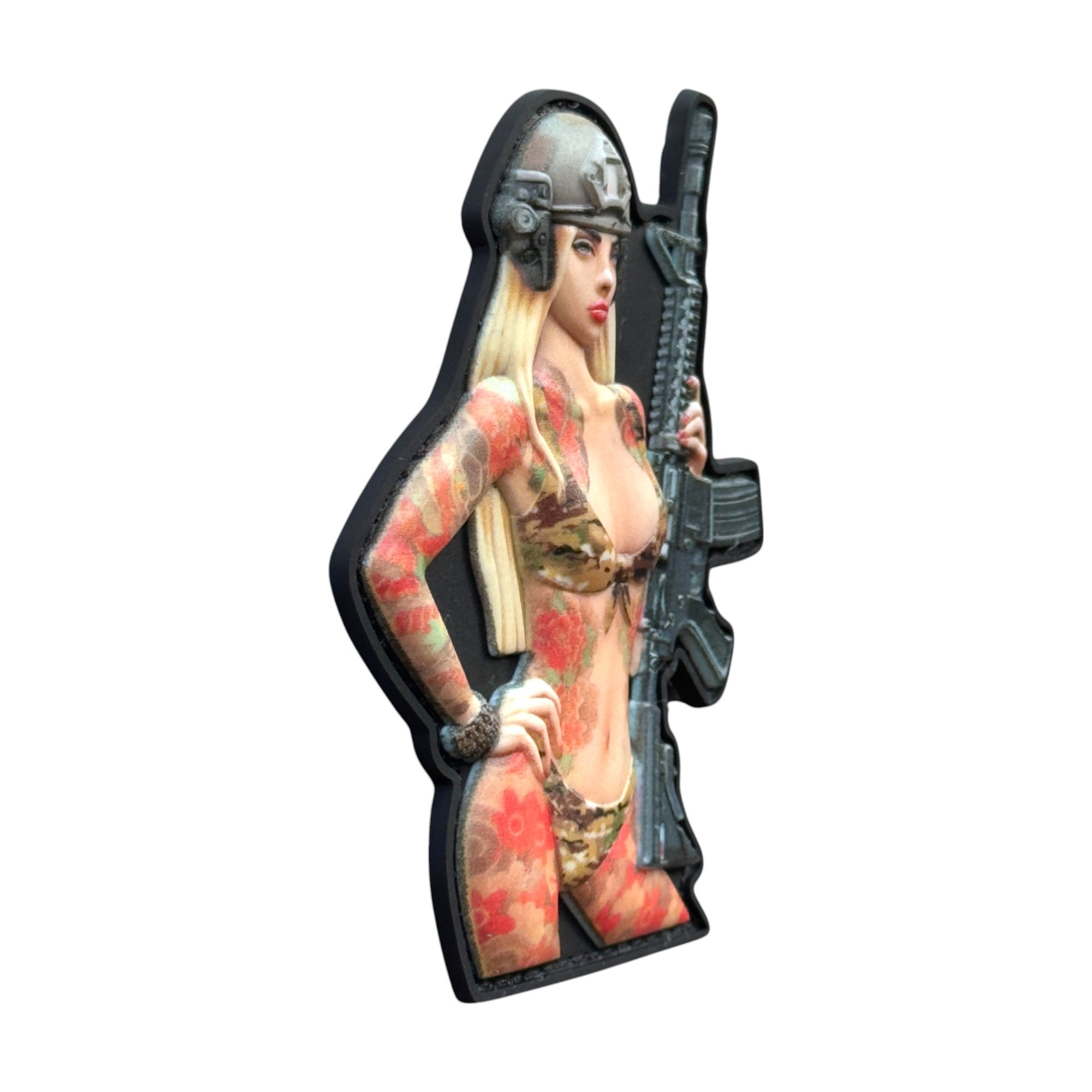 Pinup girl with red tattoos and rifle in hand. wearing helmet. tactical military 3D PVC Hook and loop patch. Side view