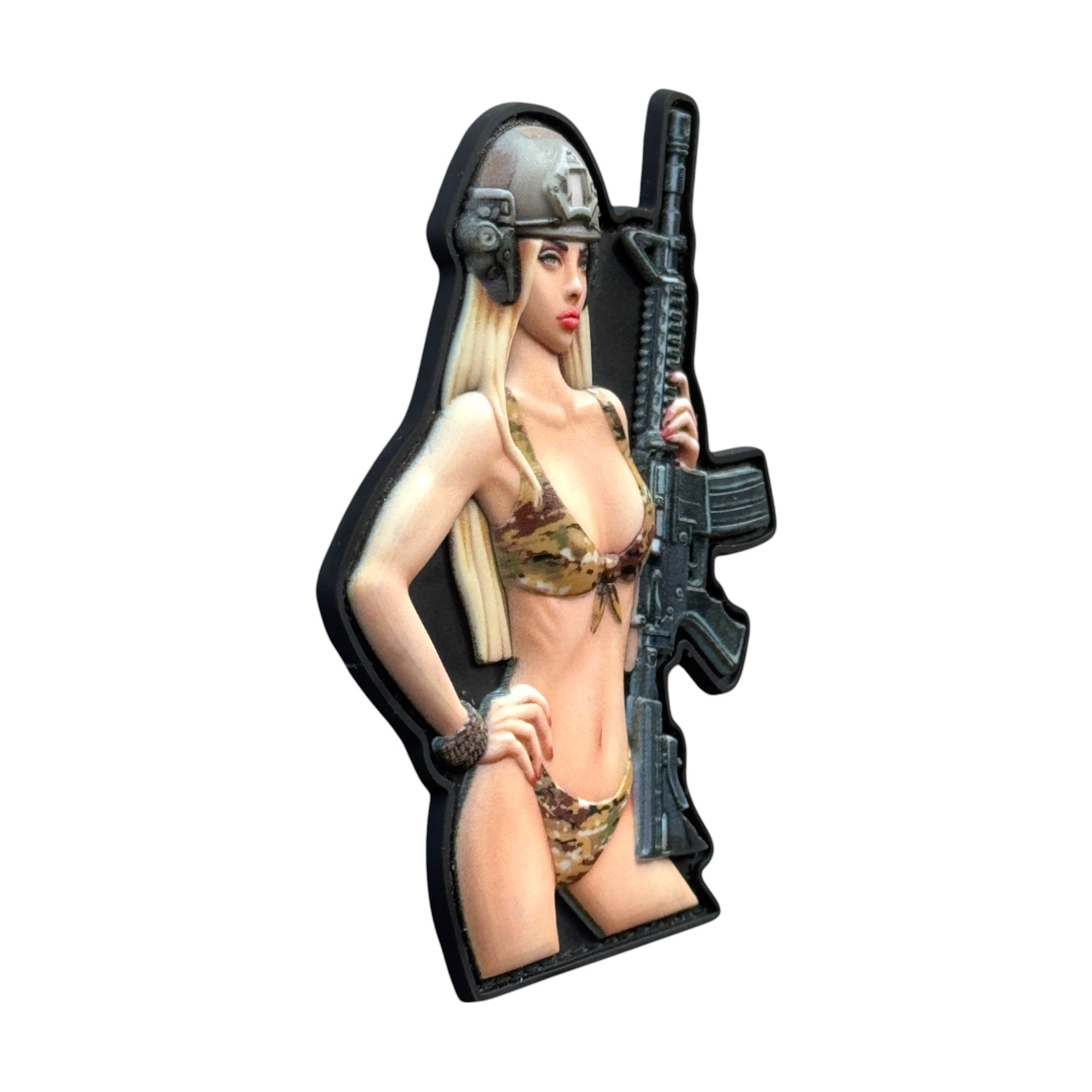 Pinup girl with rifle in hand. wearing helmet. tactical military 3D PVC Hook and loop patch. Side view