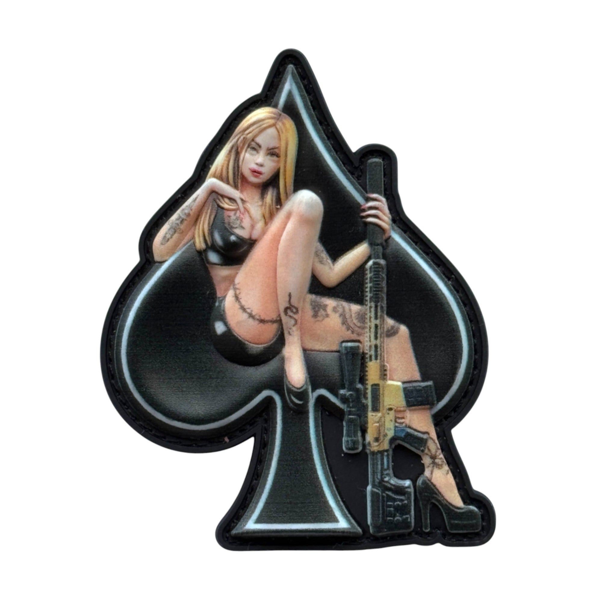 Pinup girl with tattoos and rifle sitting on spades. tactical military 3D PVC Hook and loop patch.