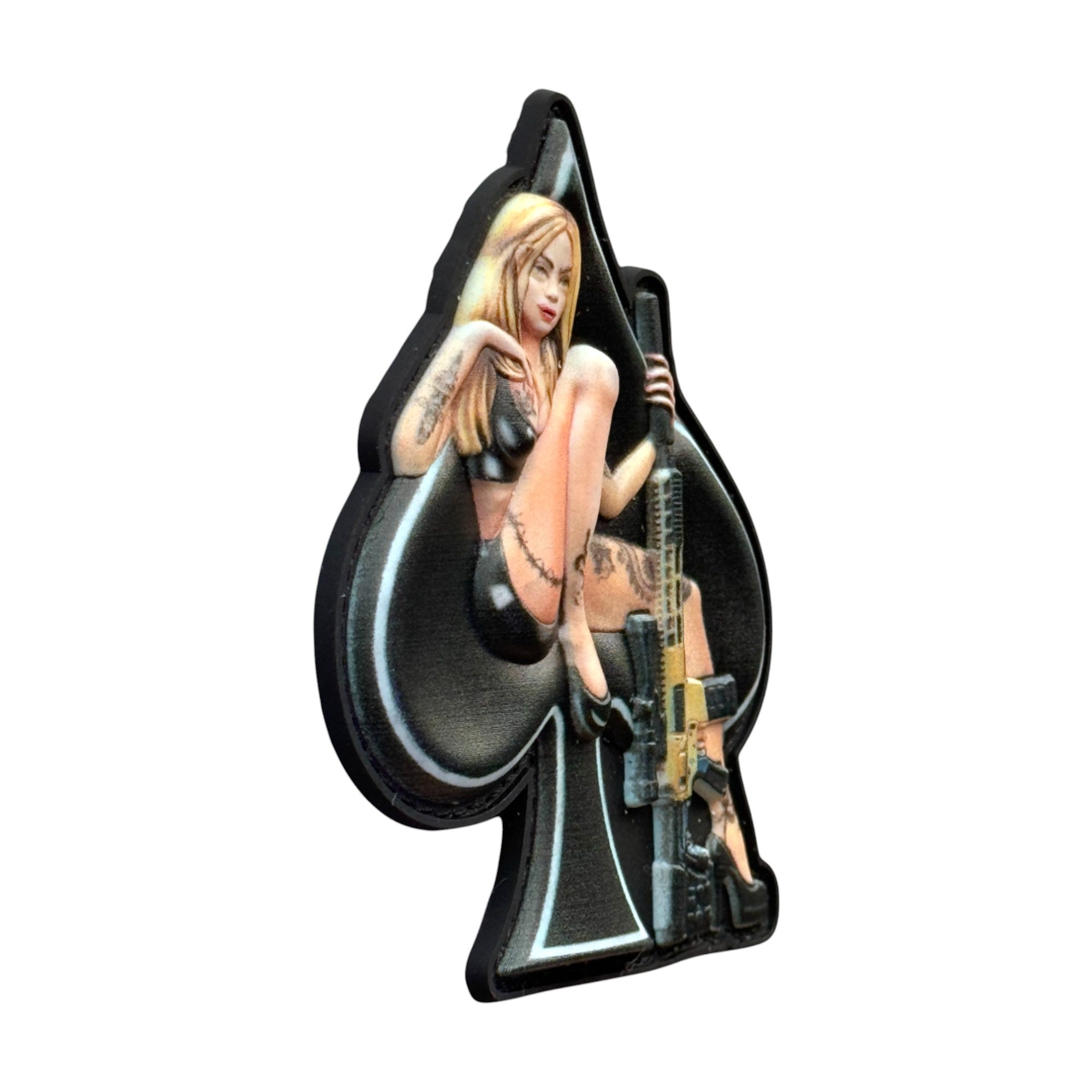 Pinup girl with tattoos and rifle sitting on spades. tactical military 3D PVC Hook and loop patch. Side view