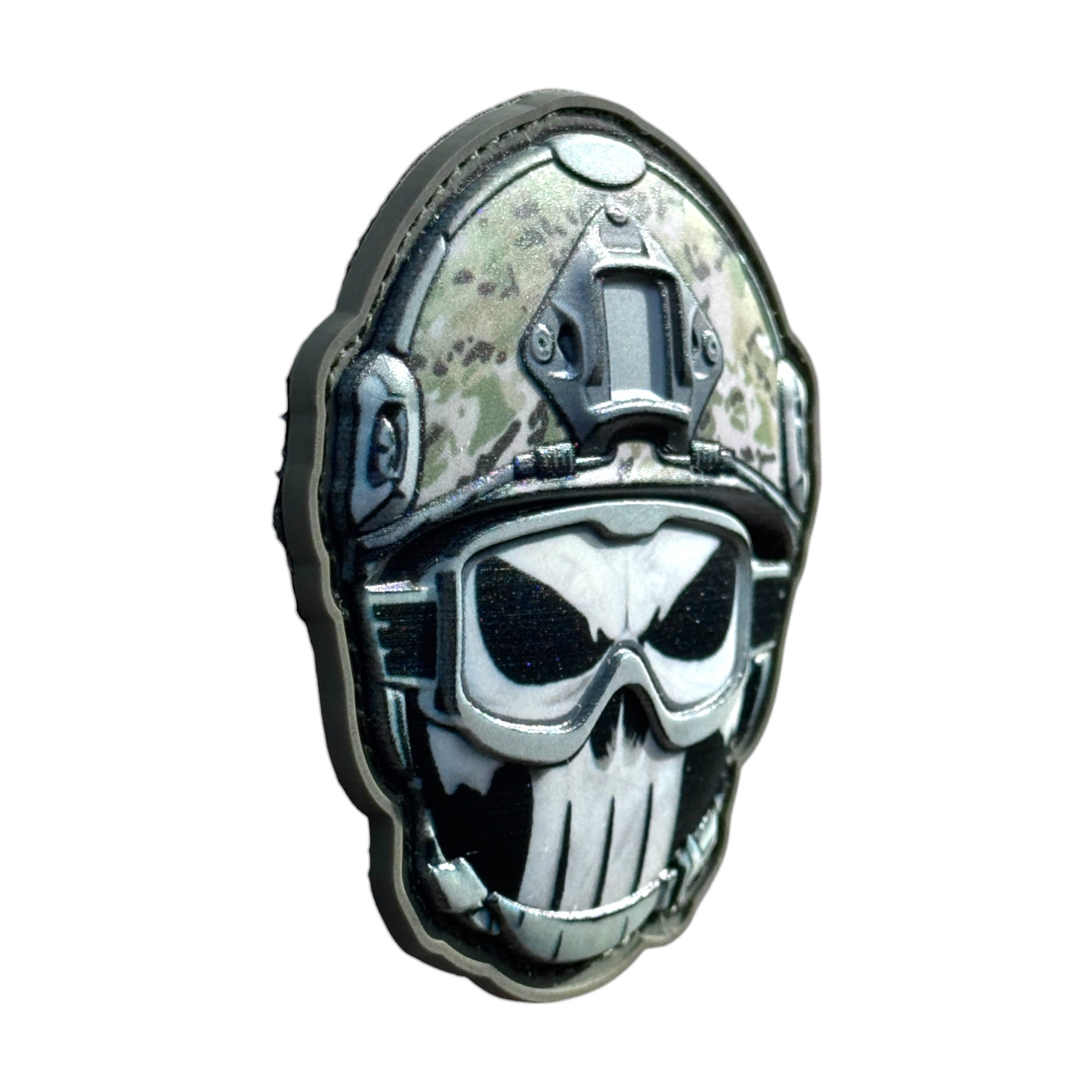 Punisher Skull emoji wearing a combat helmet on a tactical military 3D PVC Hook and loop patch. Side view. Ideal for adding a unique and fun touch to your gear.