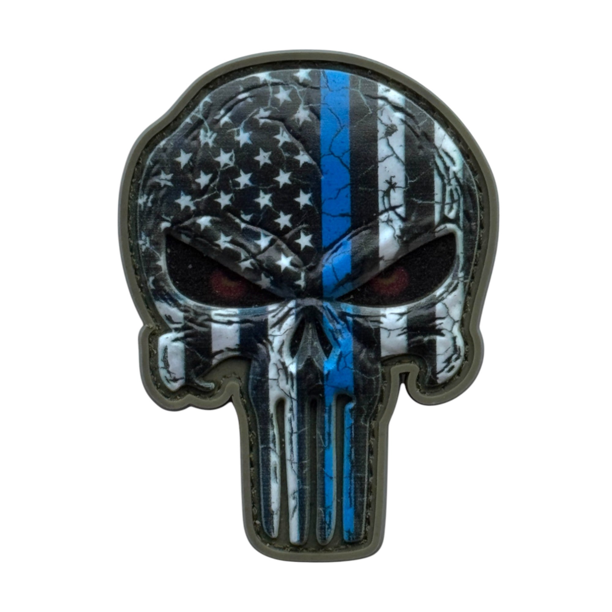 Punisher Skull with Blue and black USA flag camo on a tactical military 3D PVC Hook and loop patch. Ideal for adding a unique and fun touch to your gear.