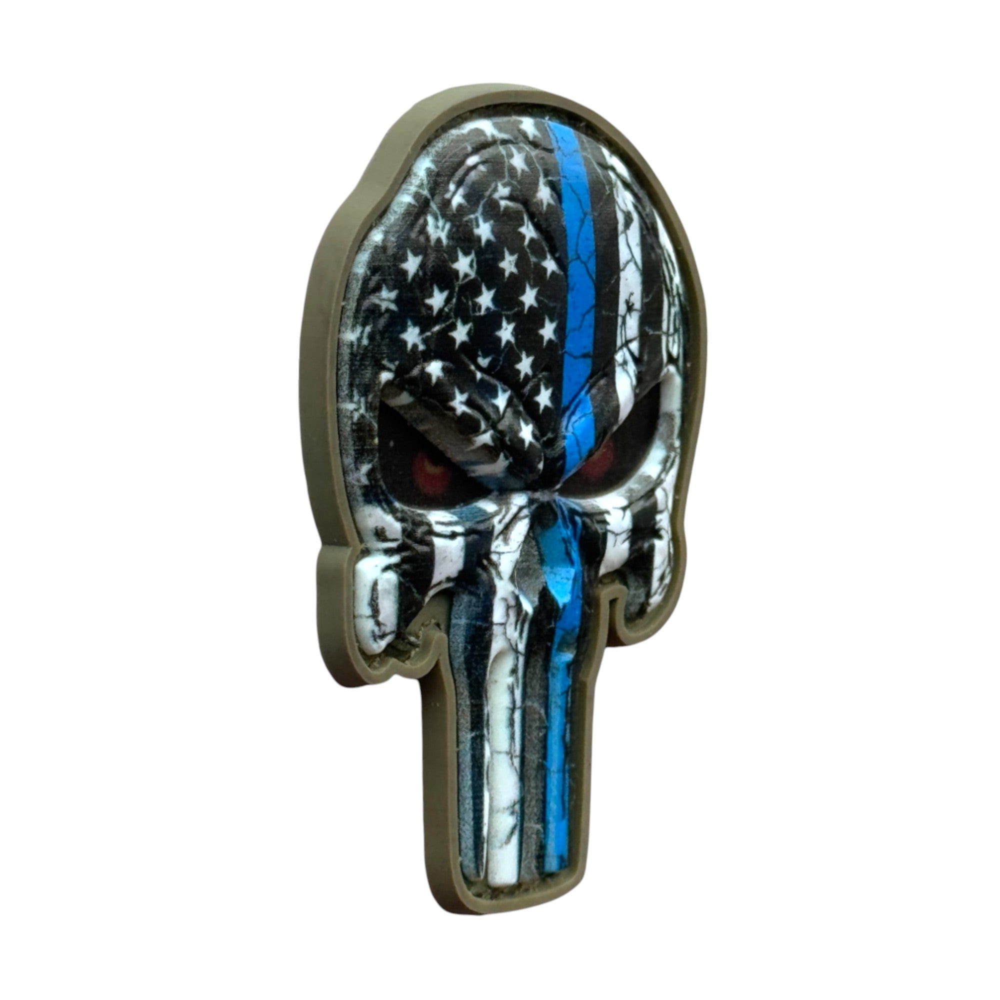 Punisher Skull with Blue and black USA flag camo on a tactical military 3D PVC Hook and loop patch. Side view. Ideal for adding a unique and fun touch to your gear.