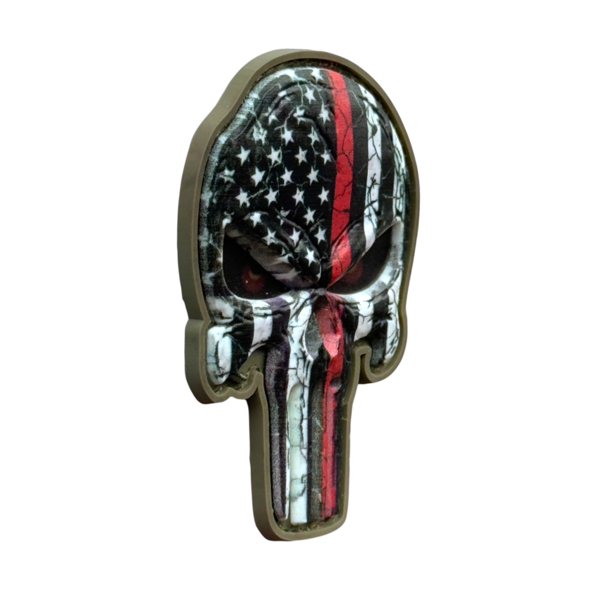 Punisher Skull with black, red and white USA flag camo on a tactical military 3D PVC Hook and loop patch. Side View. Ideal for adding a unique and fun touch to your gear.
