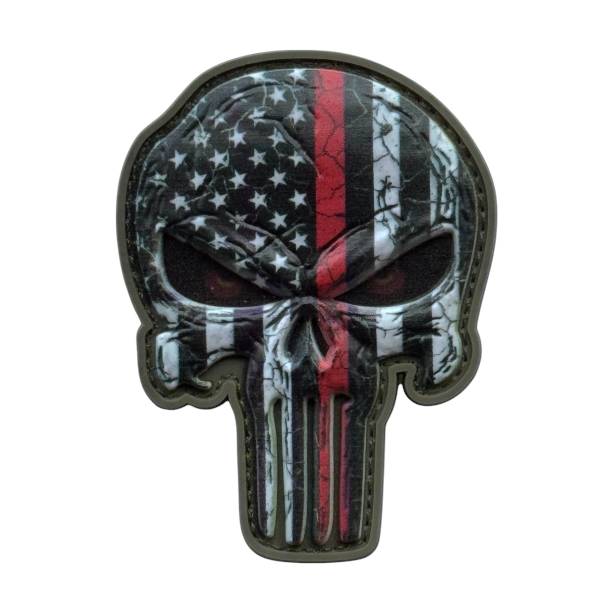 Punisher Skull with black, red and white USA flag camo on a tactical military 3D PVC Hook and loop patch. Ideal for adding a unique and fun touch to your gear.