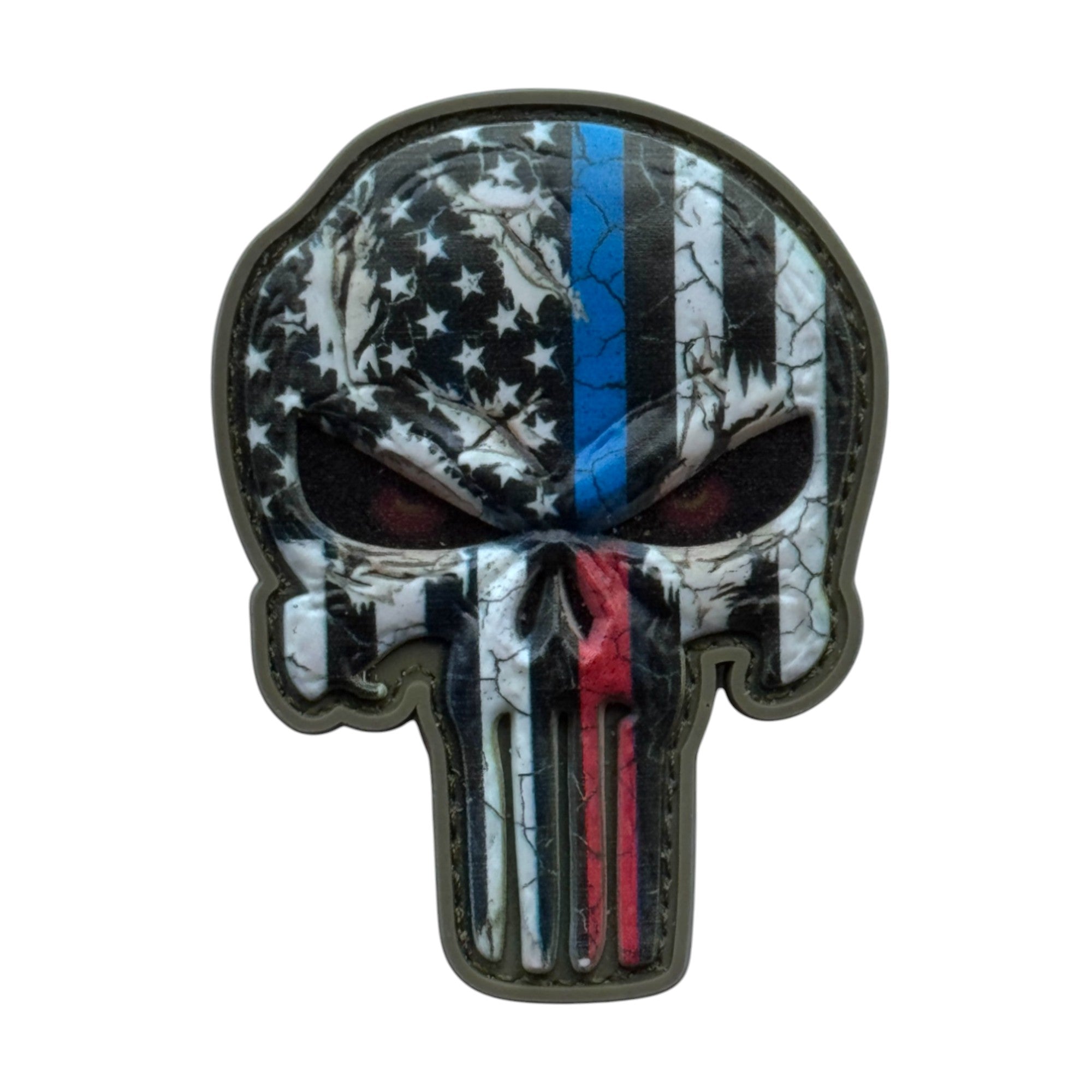 Punisher Skull with red, blue, white and black USA flag camo on a tactical military 3D PVC Hook and loop patch. Ideal for adding a unique and fun touch to your gear.