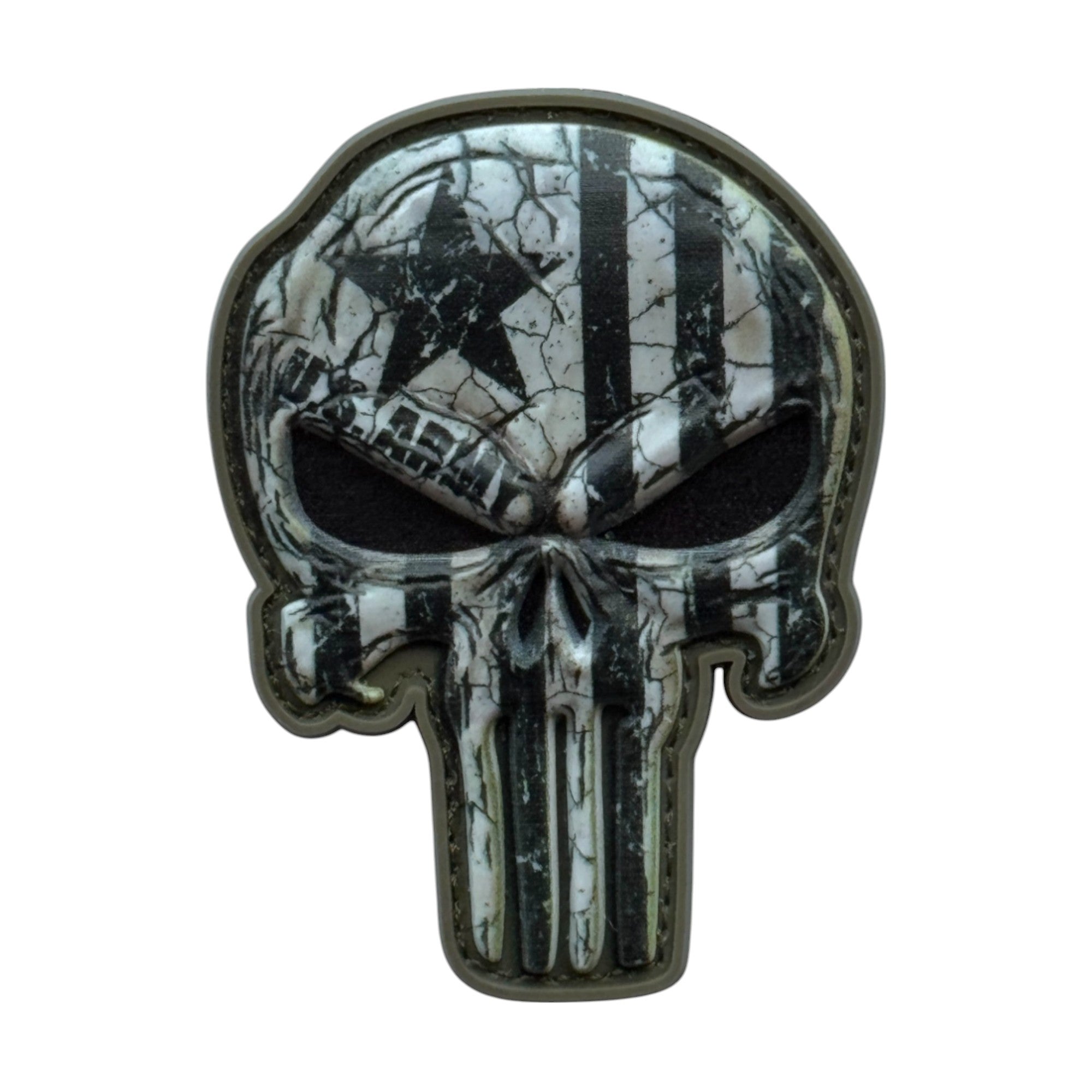 Punisher Skull with star camo on a tactical military 3D PVC Hook and loop patch. Ideal for adding a unique and fun touch to your gear.