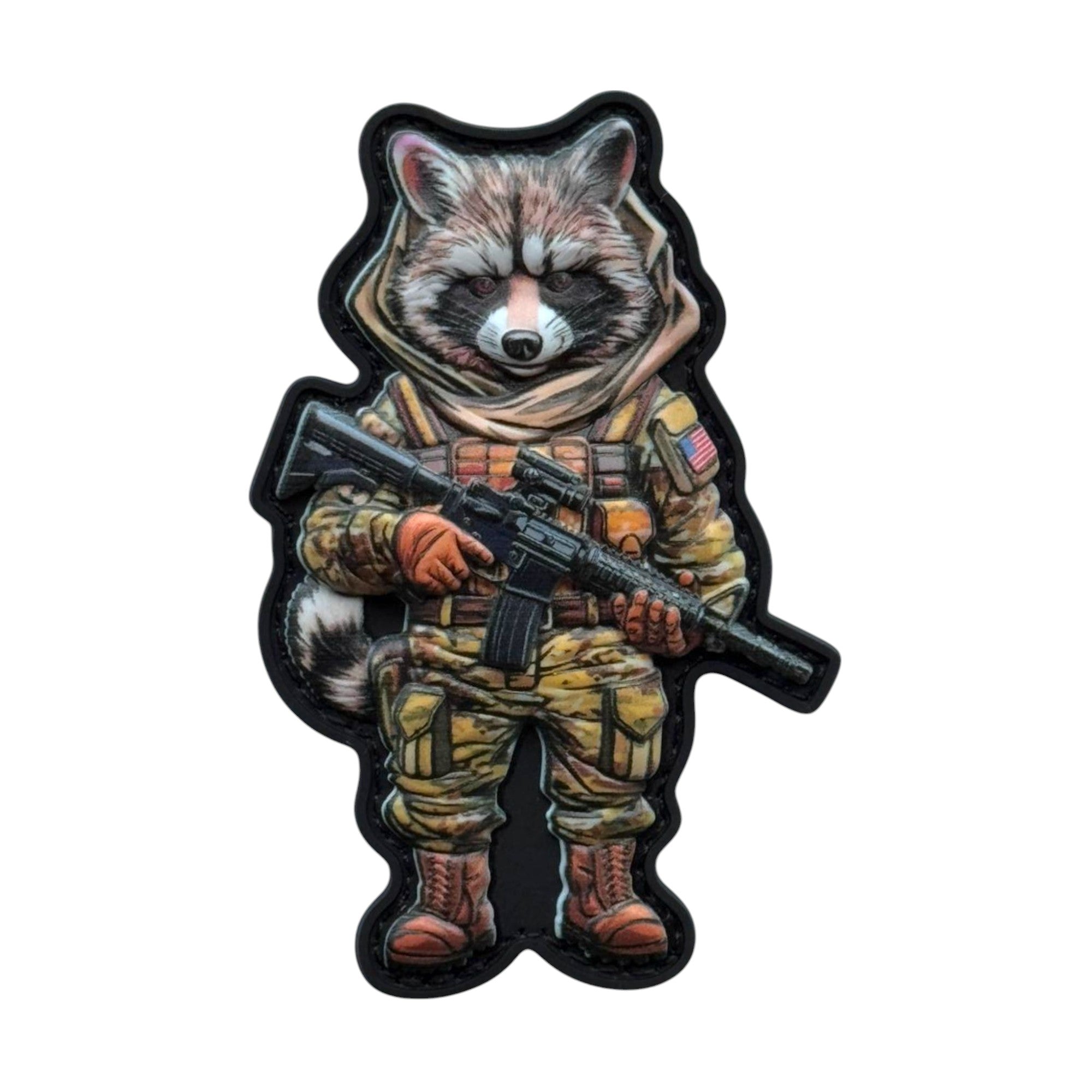 Raccoon in a human body wearing a tactical outfit and holding a rifle on a tactical military 3D PVC Hook and loop patch. Ideal for adding a unique and fun touch to your gear