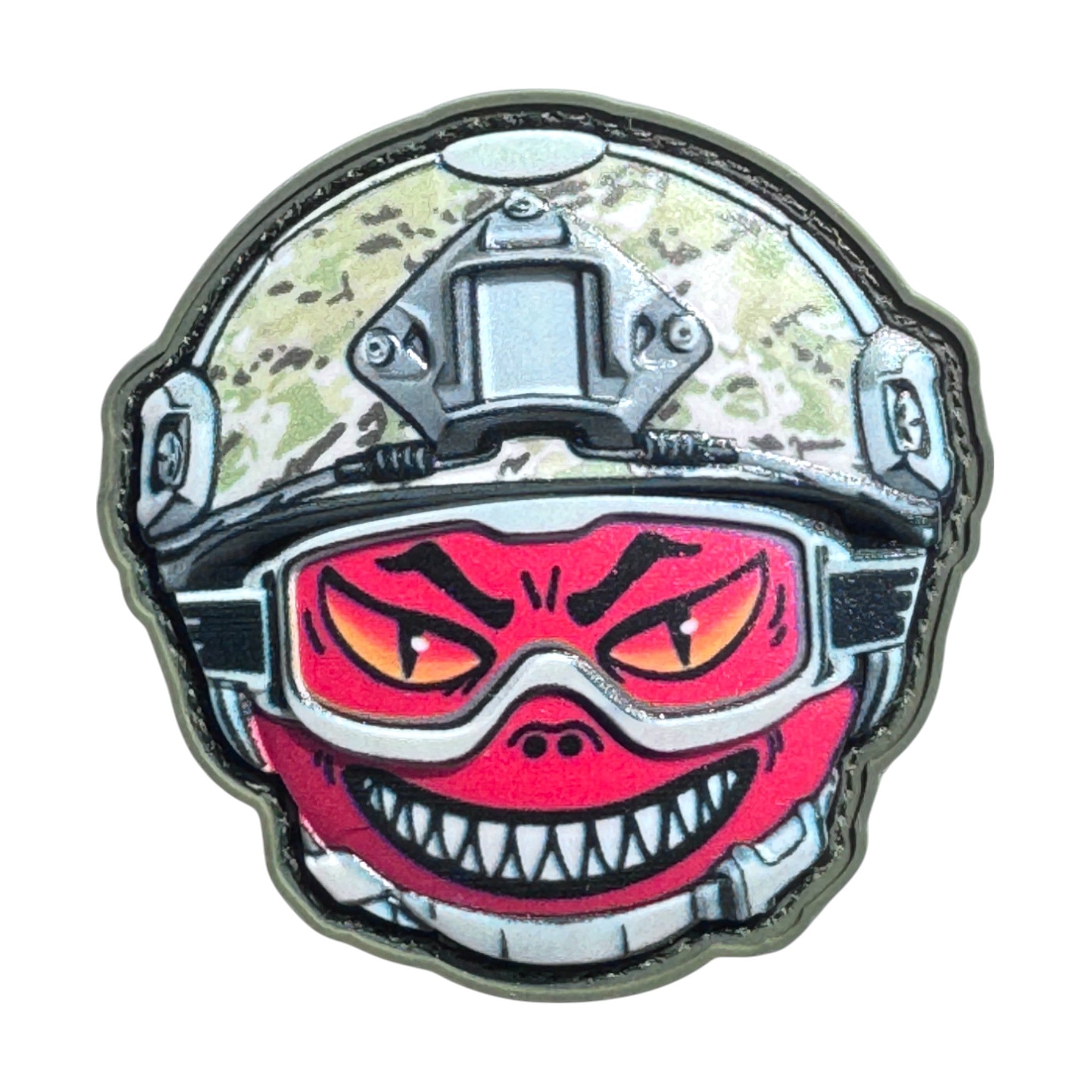 Red face emoji wearing a combat helmet on a tactical military 3D PVC Hook and loop patch. Side view. Ideal for adding a unique and fun touch to your gear.