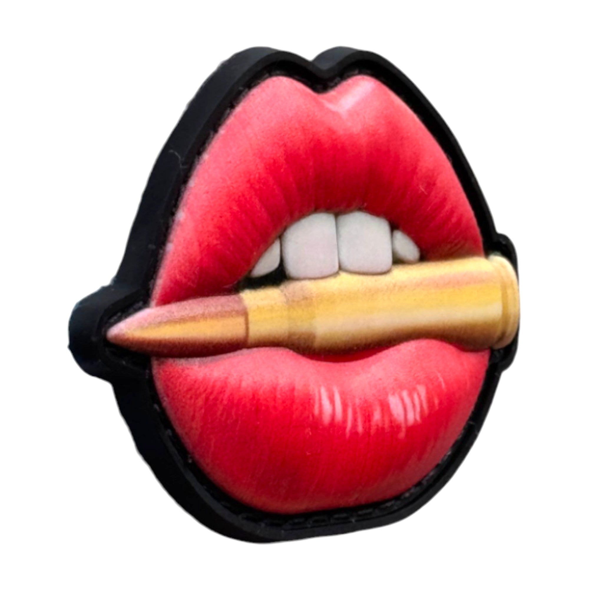 Red lips with bullet tactical military 3D PVC Hook and loop patch. Side view
