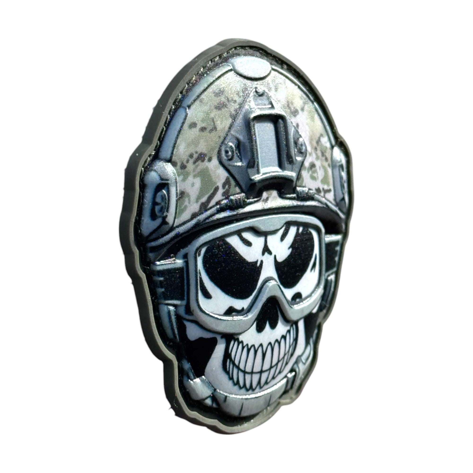 Skull emoji wearing a combat helmet on a tactical military 3D PVC Hook and loop patch. side view. Perfect for adding a unique and fun touch to your gear