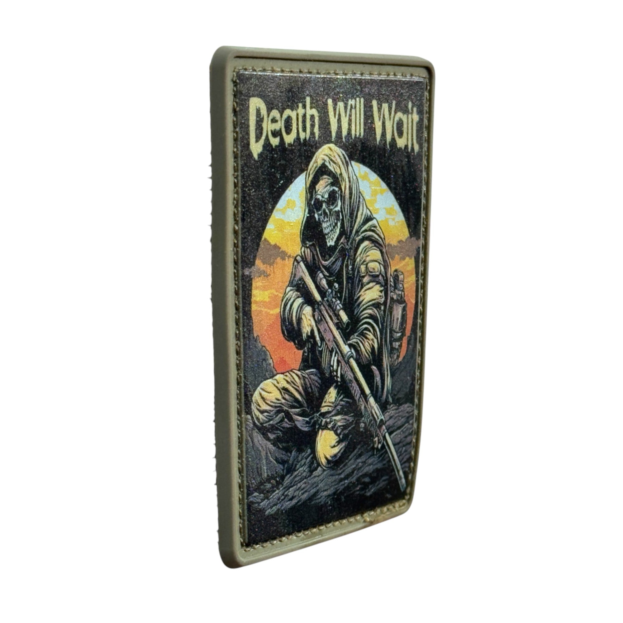 Skull soldier with sniper riffle with text "death will wait" on rectangle tactical military 3D PVC Hook and loop patch. side view