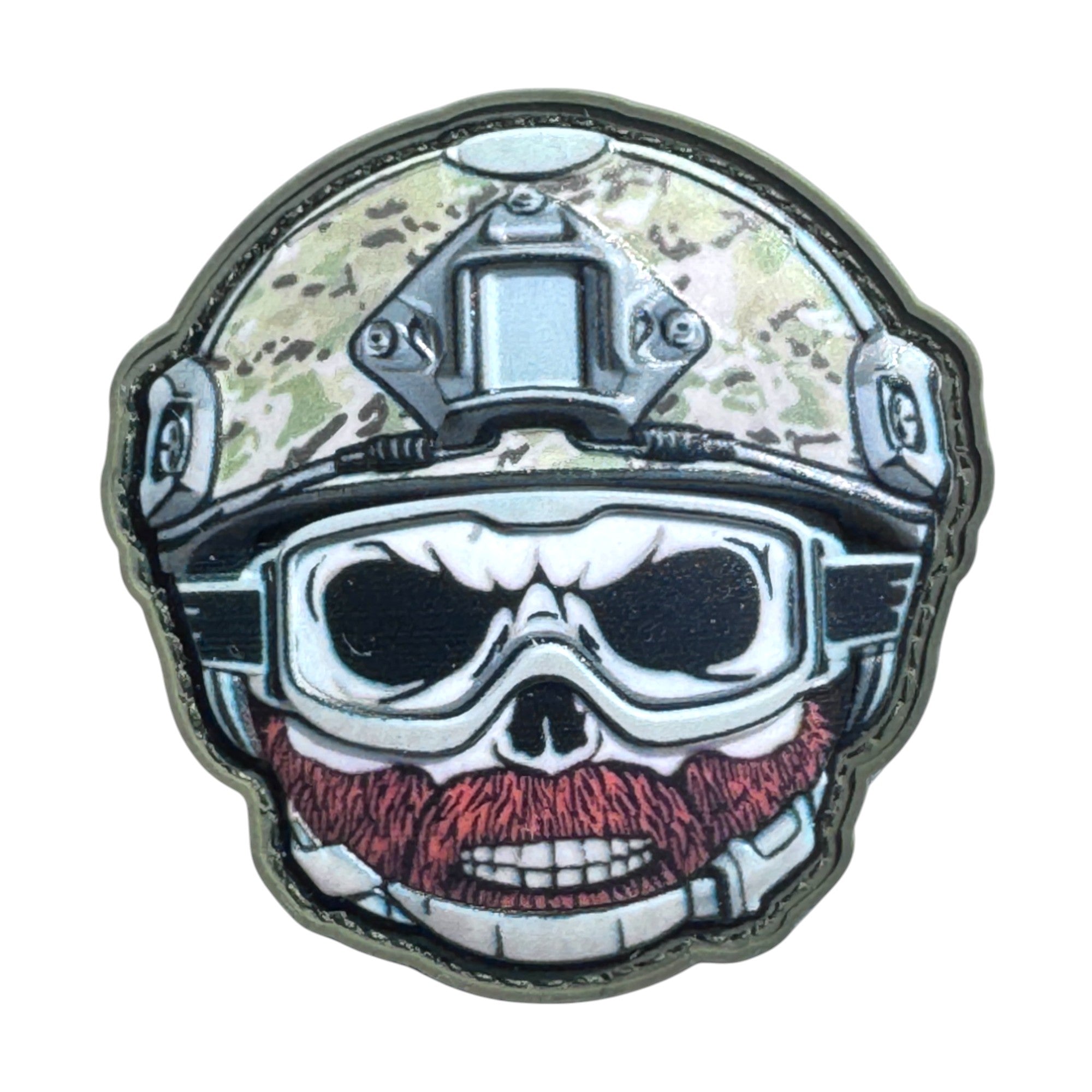 Skull with beard emoji wearing a combat helmet on a tactical military 3D PVC Hook and loop patch. Ideal for adding a unique and fun touch to your gear.