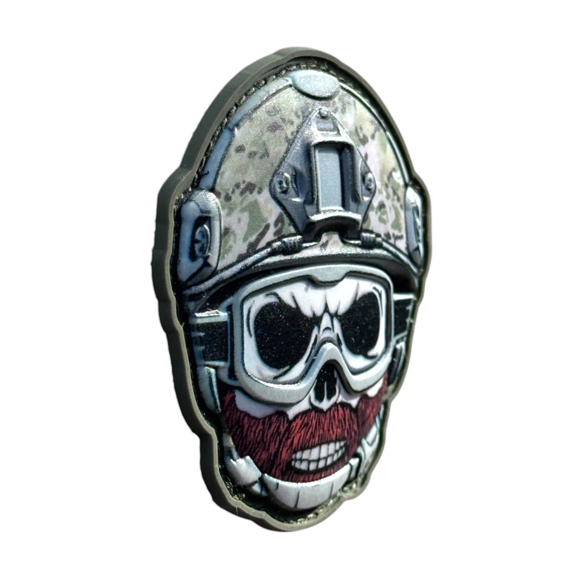 Skull with beard emoji wearing a combat helmet on a tactical military 3D PVC Hook and loop patch. side view. Ideal for adding a unique and fun touch to your gear.
