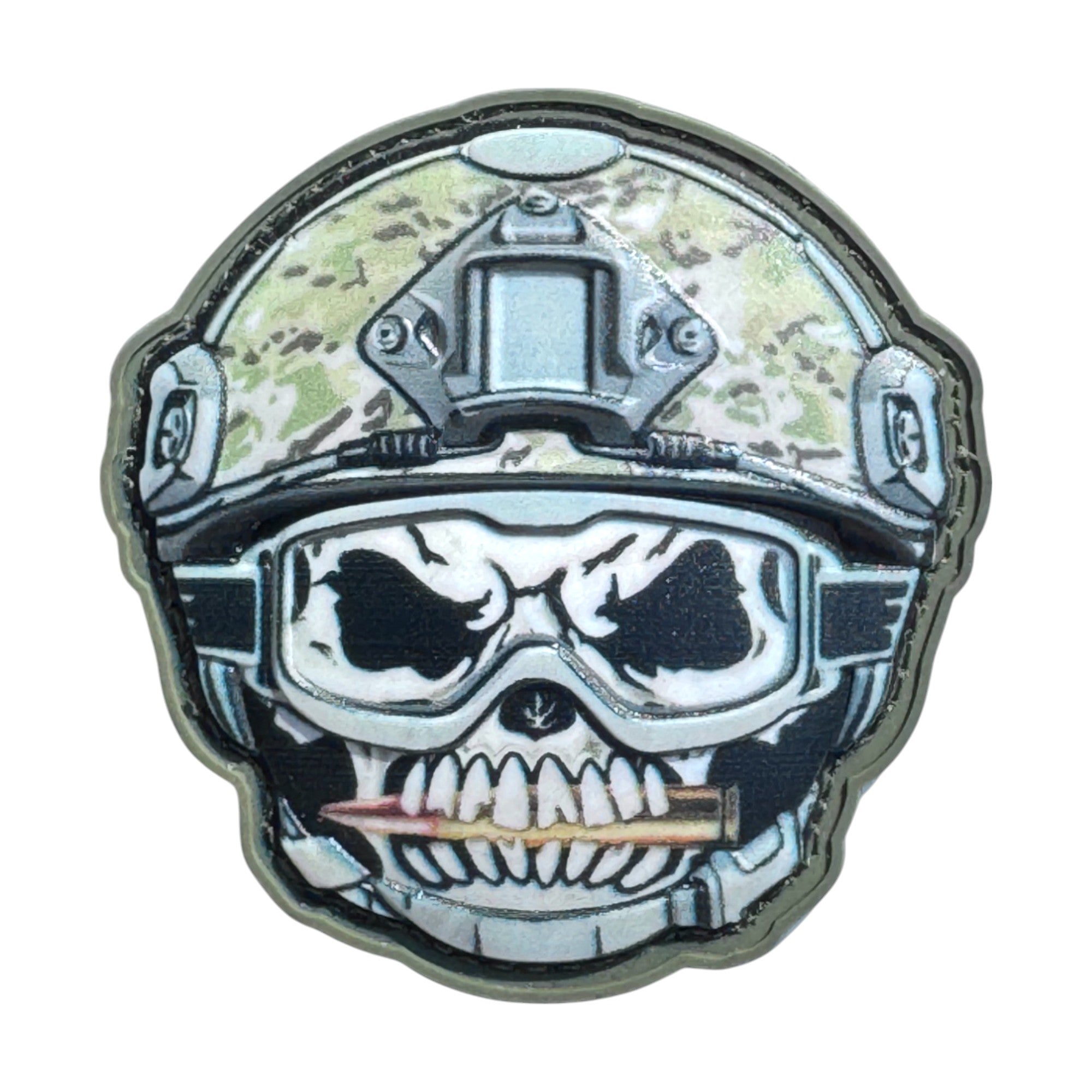 Skull with bullet in mouth emoji wearing a combat helmet on a tactical military 3D PVC Hook and loop patch. Ideal for adding a unique and fun touch to your gear.
