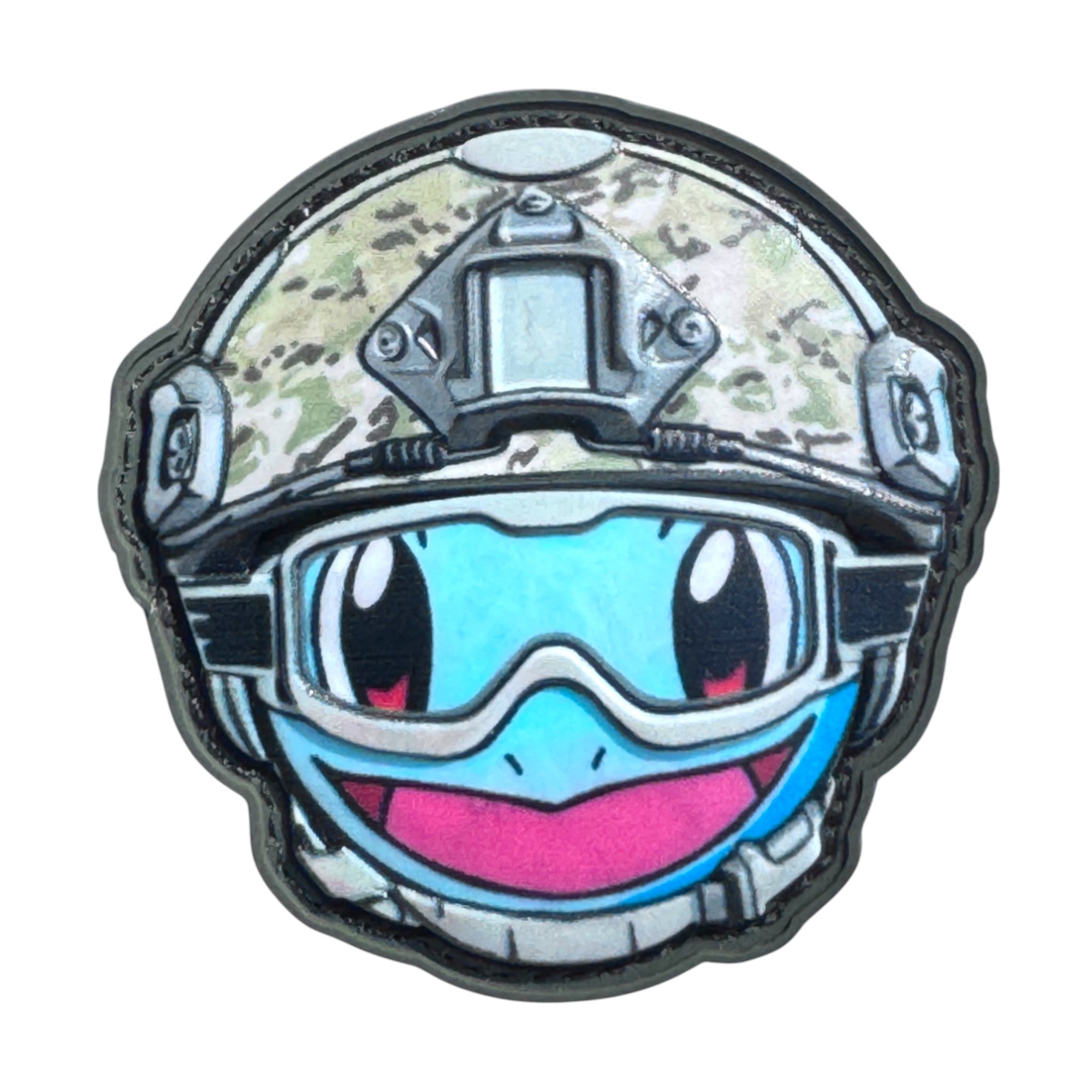 Sky blue smiling emoji wearing a combat helmet on a tactical military 3D PVC Hook and loop patch. Ideal for adding a unique and fun touch to your gear.