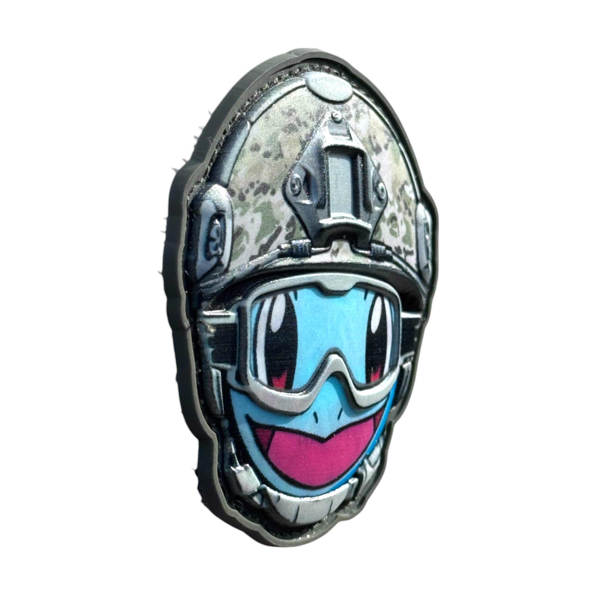 Sky blue smiling  emoji wearing a combat helmet on a tactical military 3D PVC Hook and loop patch. Side view. Ideal for adding a unique and fun touch to your gear.