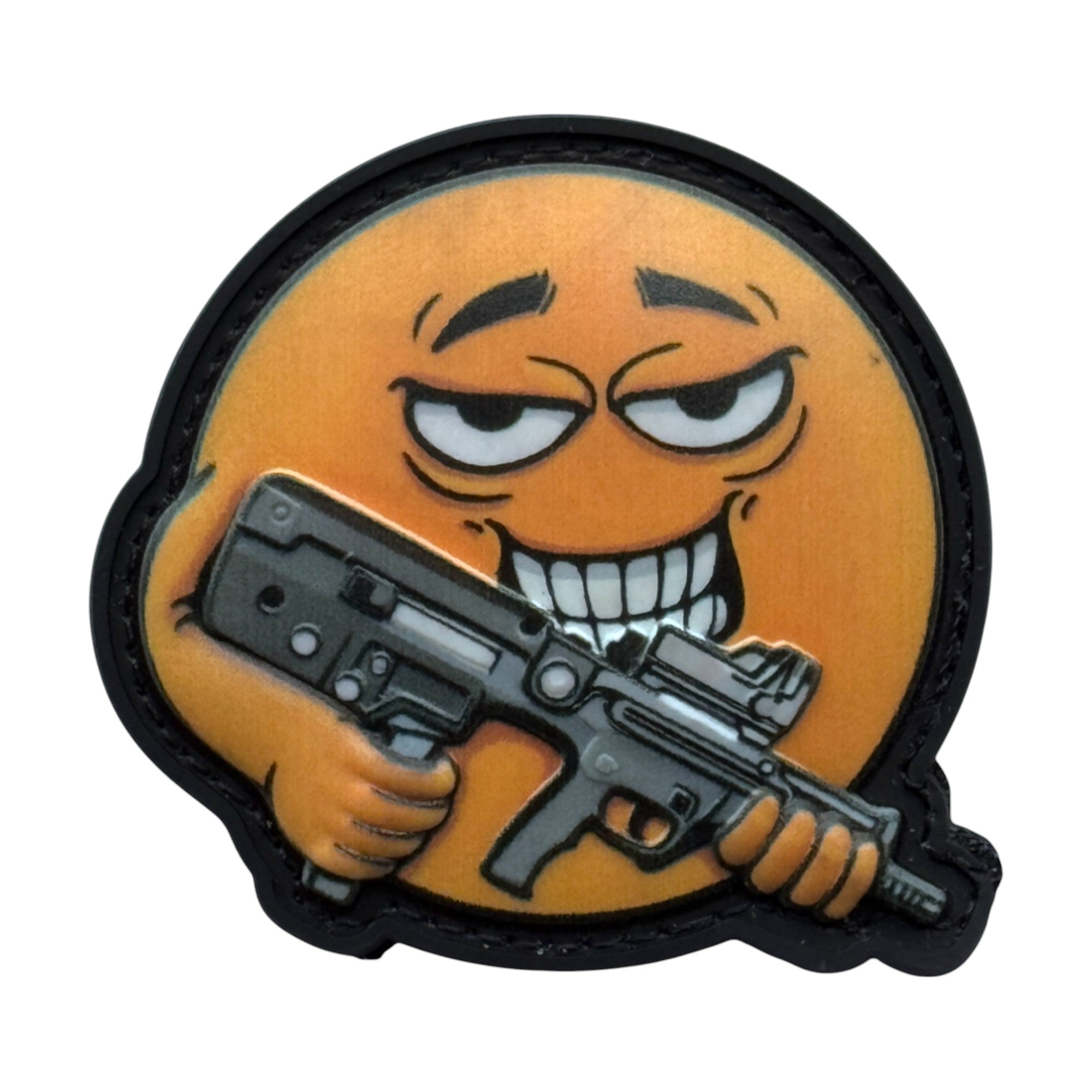 Smiling yellow emoji holding a rifle on a tactical military 3D PVC Hook and loop patch. Ideal for adding a unique and fun touch to your gear