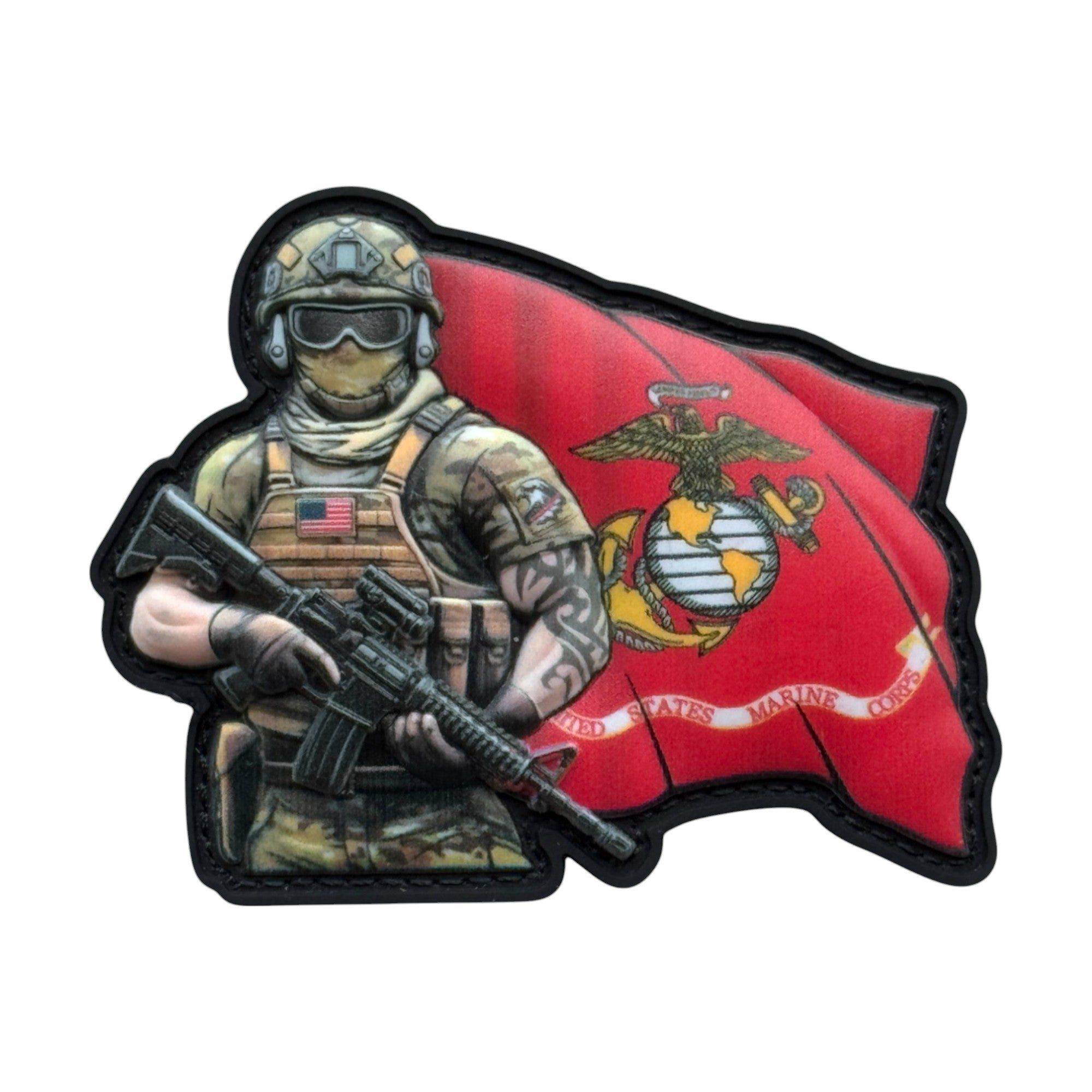 Soldier in tactical outfit marine corps flag in background. tactical military 3D PVC Hook and loop patch.