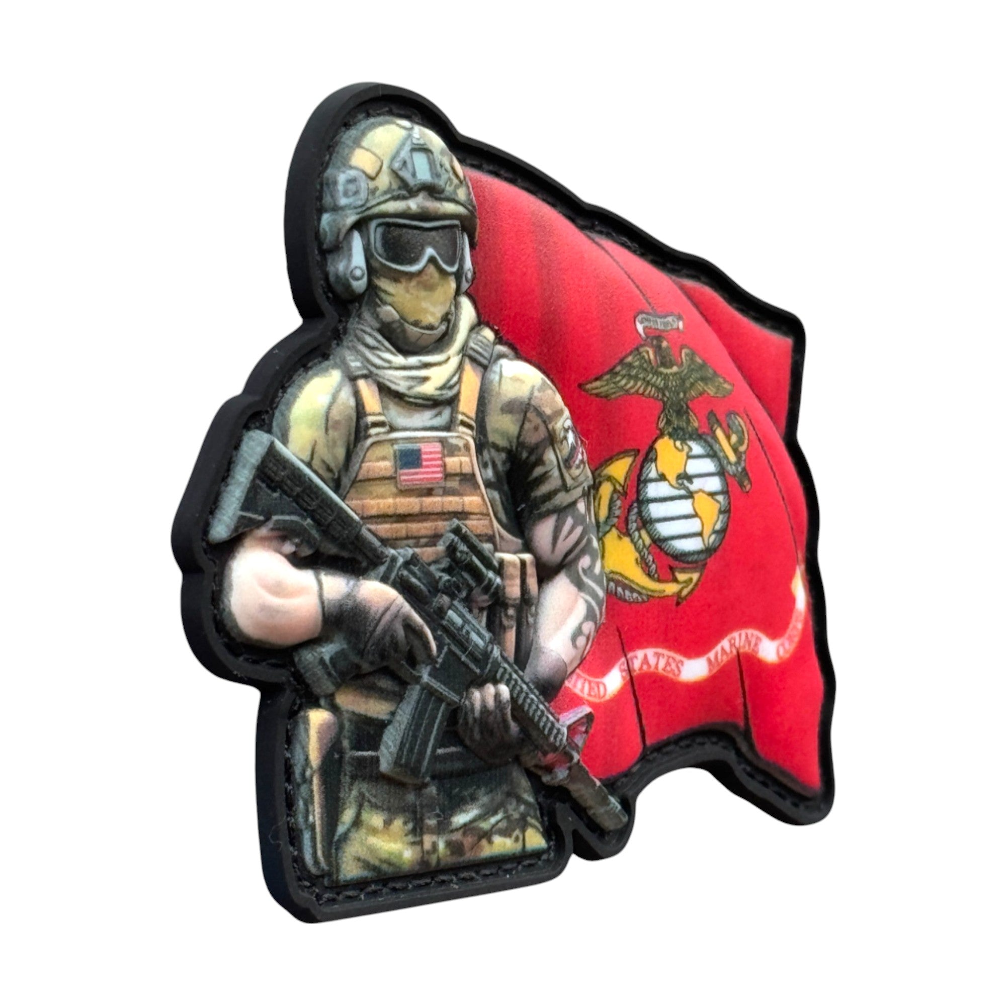Soldier in tactical outfit marine corps flag in background. tactical military 3D PVC Hook and loop patch. Side view