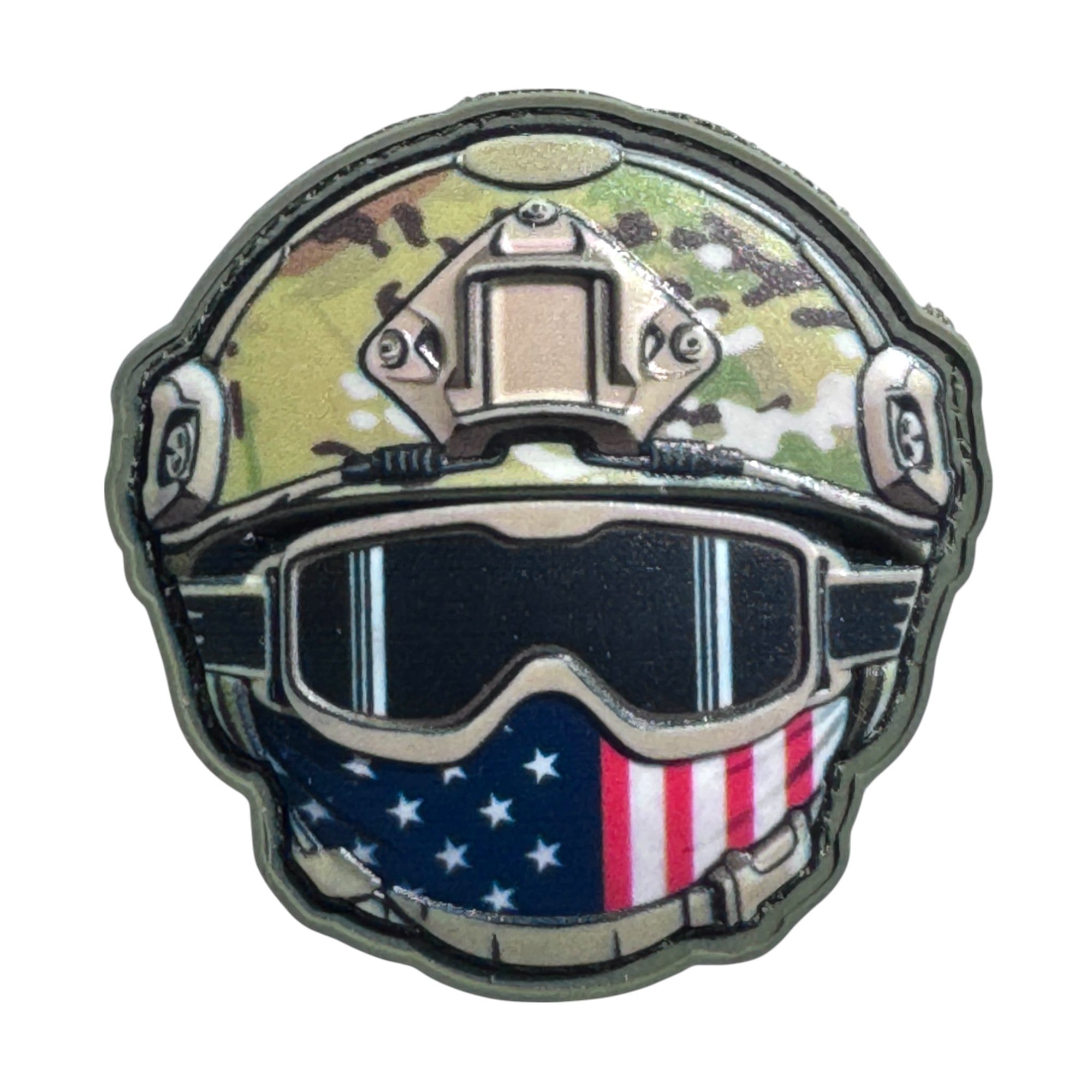 Soldier with USA Flag mask emoji wearing a combat helmet on a tactical military 3D PVC Hook and loop patch. Ideal for adding a unique and fun touch to your gear.