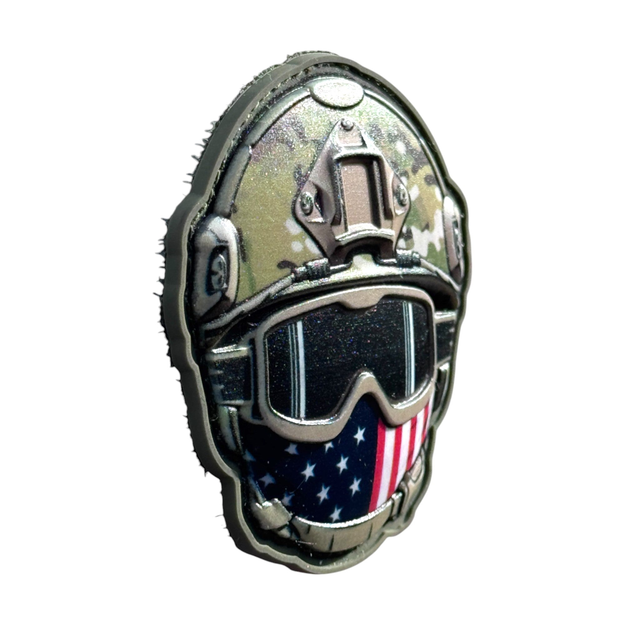 Soldier with USA Flag mask emoji wearing a combat helmet on a tactical military 3D PVC Hook and loop patch. Side view. Ideal for adding a unique and fun touch to your gear.