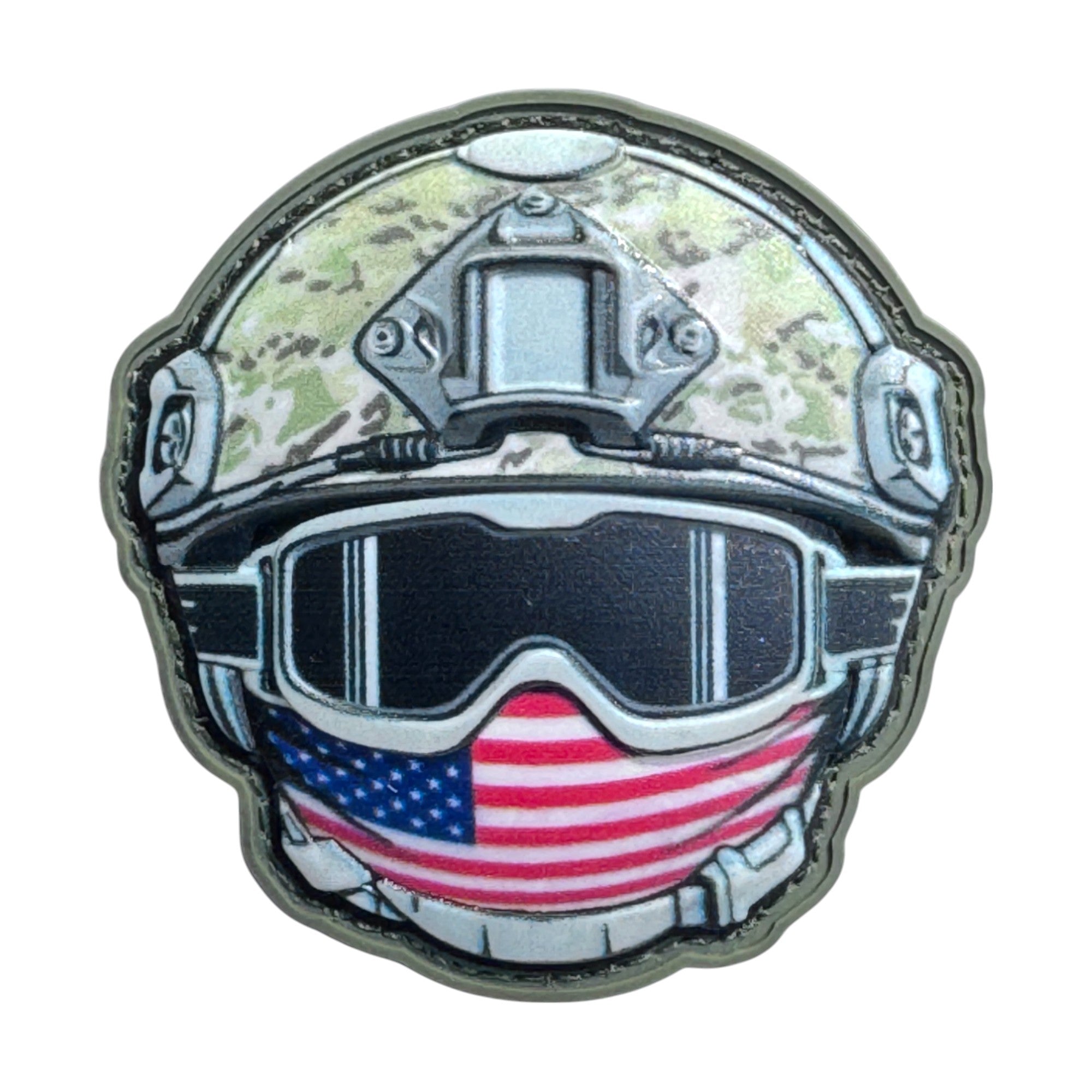 Soldier with United States flag mask emoji wearing a combat helmet on a tactical military 3D PVC Hook and loop patch. Ideal for adding a unique and fun touch to your gear.
