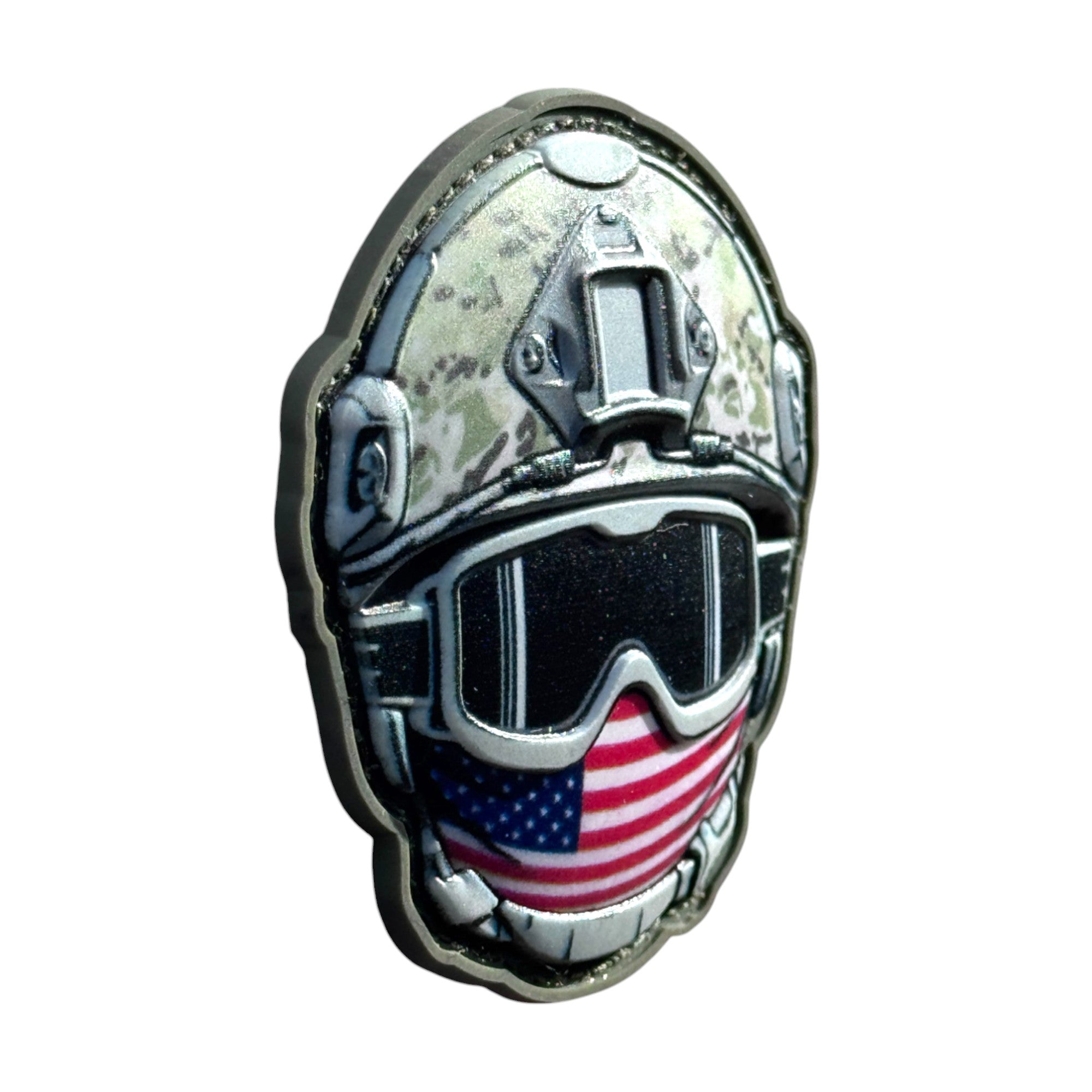 Soldier with United States flag mask emoji wearing a combat helmet on a tactical military 3D PVC Hook and loop patch. side view. Ideal for adding a unique and fun touch to your gear.