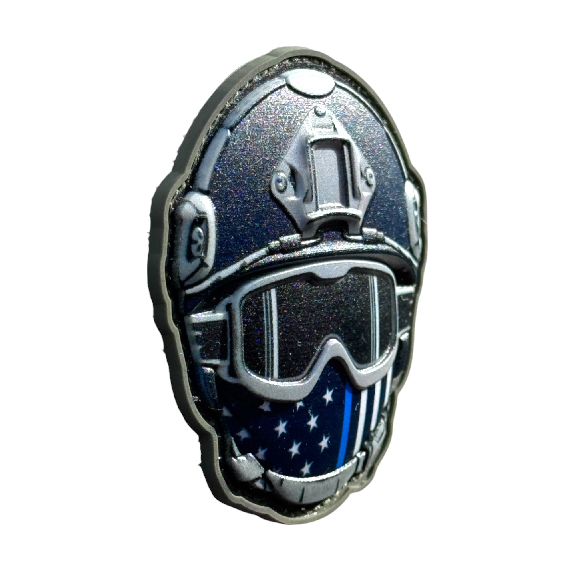 Soldier with black and blue USA flag mask emoji wearing a combat helmet on a tactical military 3D PVC Hook and loop patch. Side view. Ideal for adding a unique and fun touch to your gear.