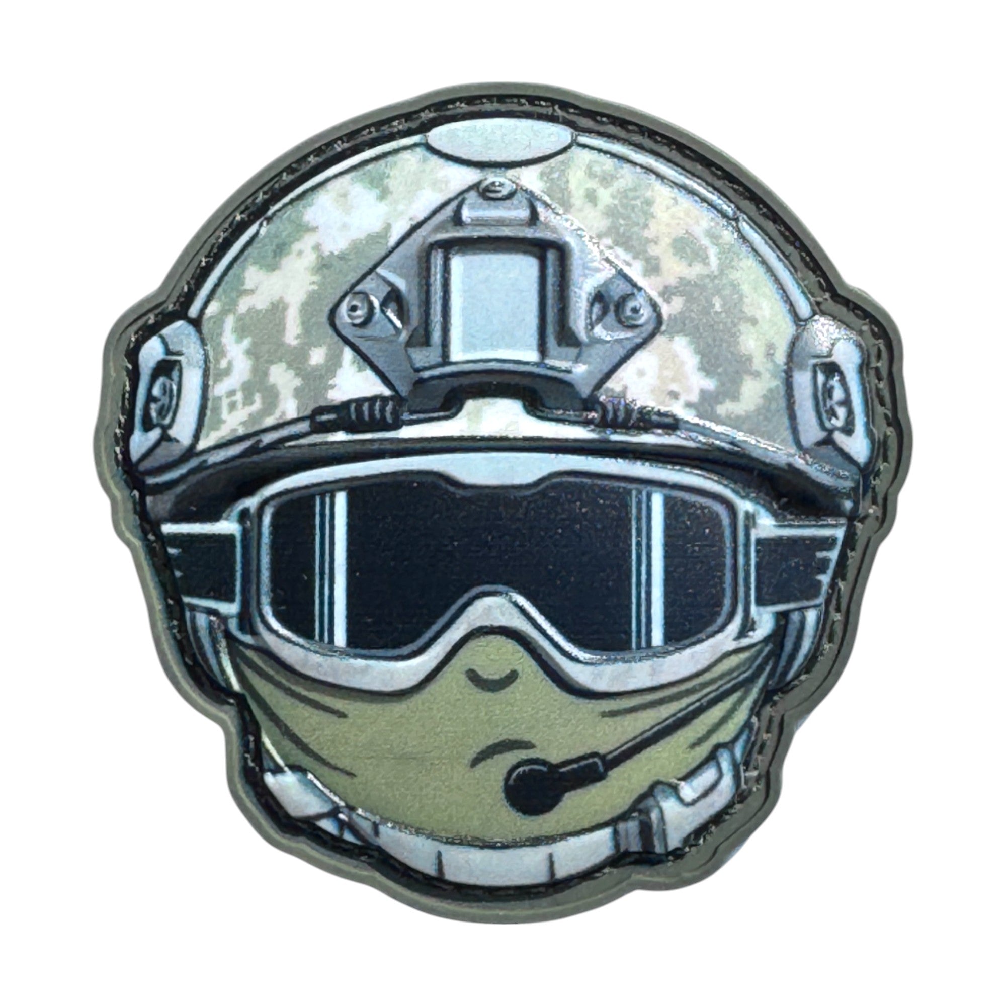 Soldier in mask and microphone emoji wearing a combat helmet on a tactical military 3D PVC Hook and loop patch. Ideal for adding a unique and fun touch to your gear.