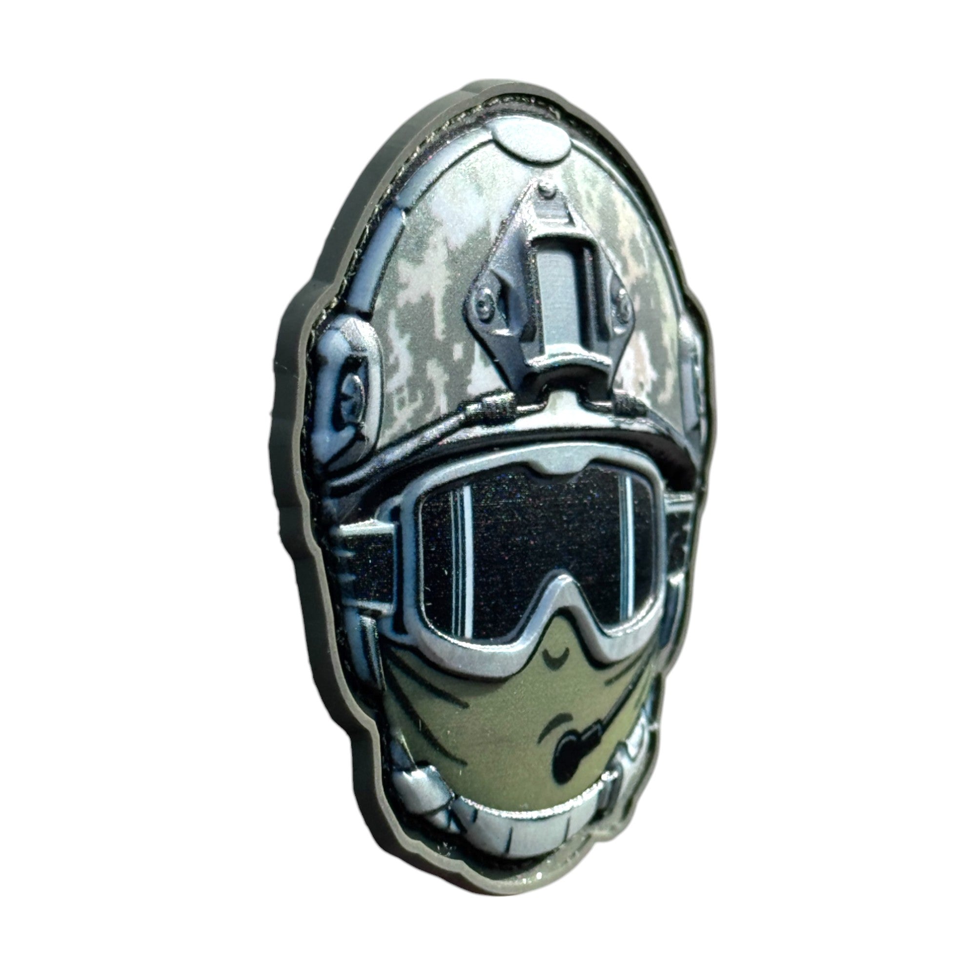 Soldier with mask and microphone emoji wearing a combat helmet on a tactical military 3D PVC Hook and loop patch. side view Ideal for adding a unique and fun touch to your gear.