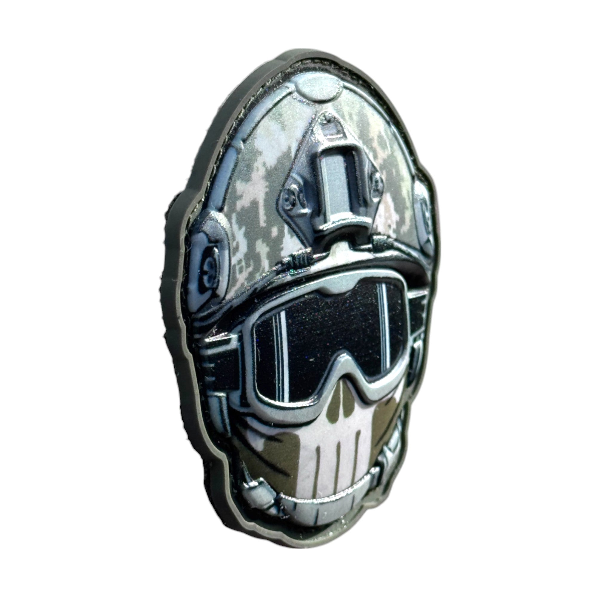 Soldier with white and brown mask emoji wearing a combat helmet on a tactical military 3D PVC Hook and loop patch. Ideal for adding a unique and fun touch to your gear