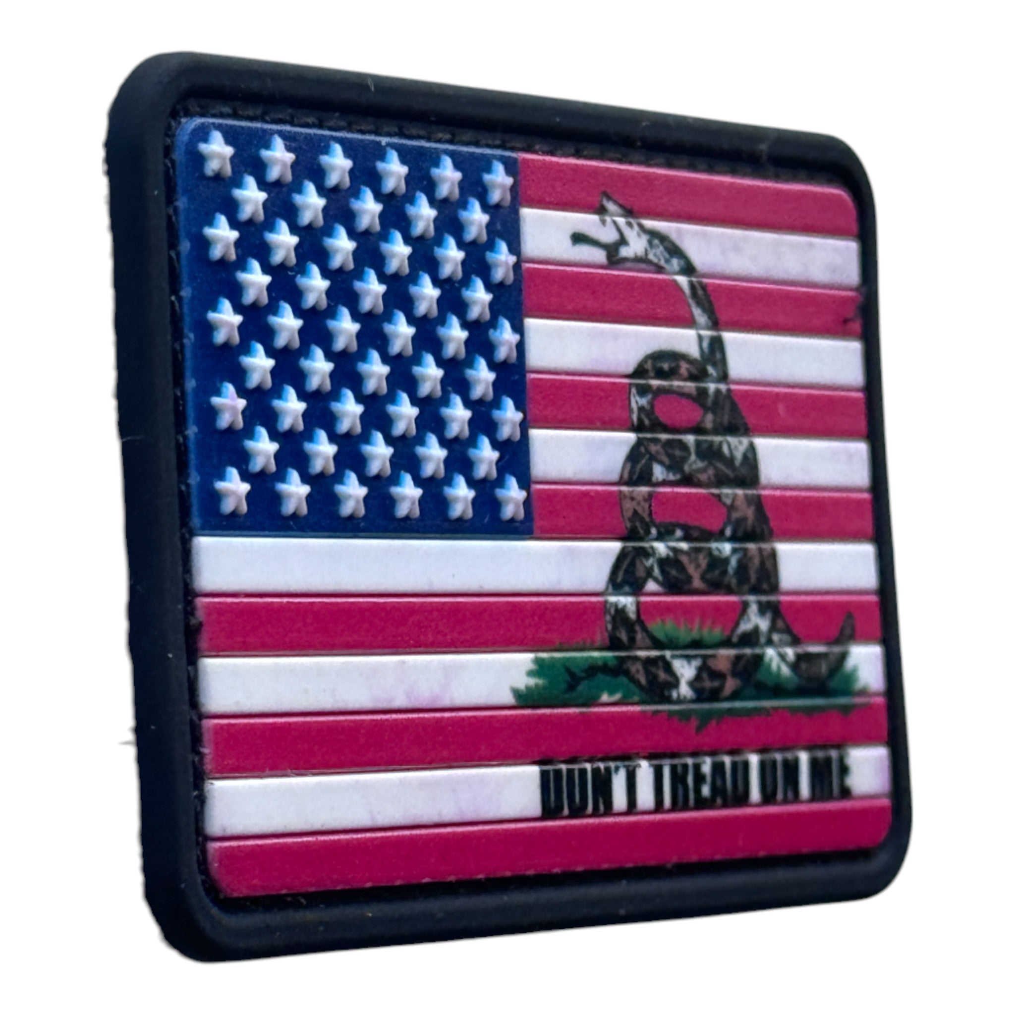 Multicolor Snake "don't tread on me" on USA Flag on tactical military 3D PVC Hook and loop patch. Side view