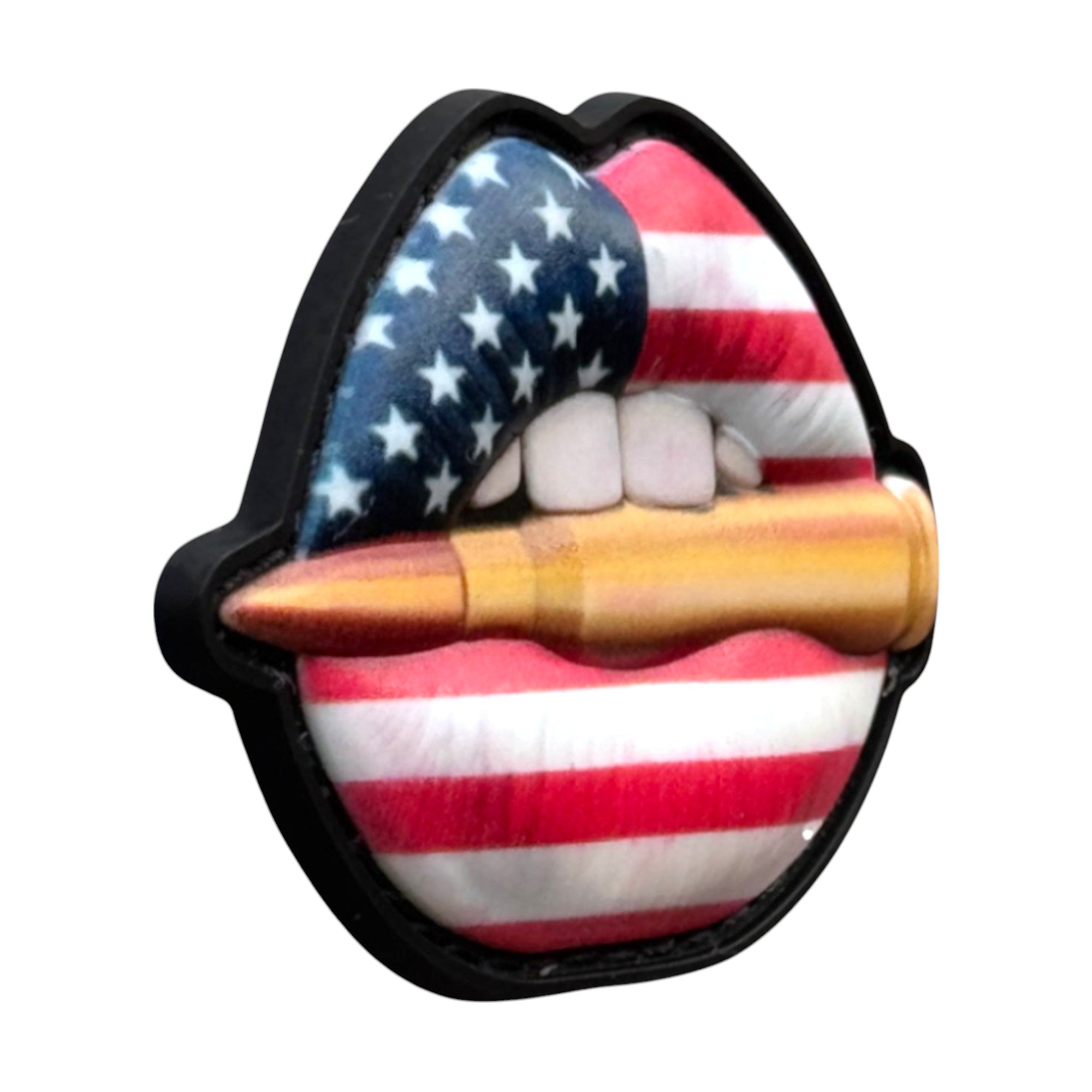 USA camo lips with bullet tactical military 3D PVC Hook and loop patch. Side view