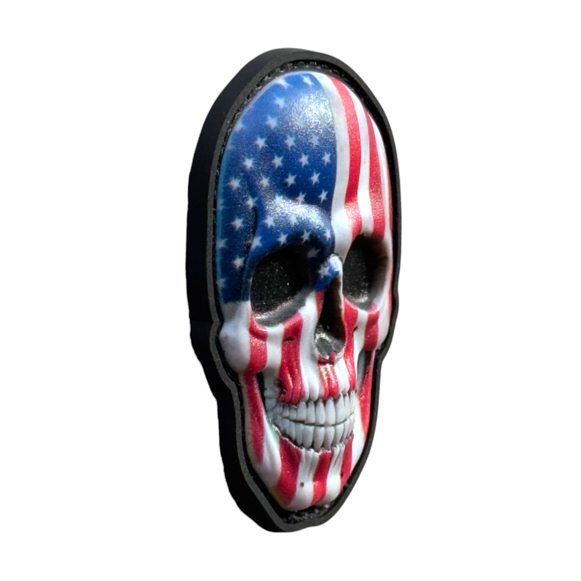 USA flag camo Mexican skull on tactical military 3D PVC Hook and loop patch. Side view