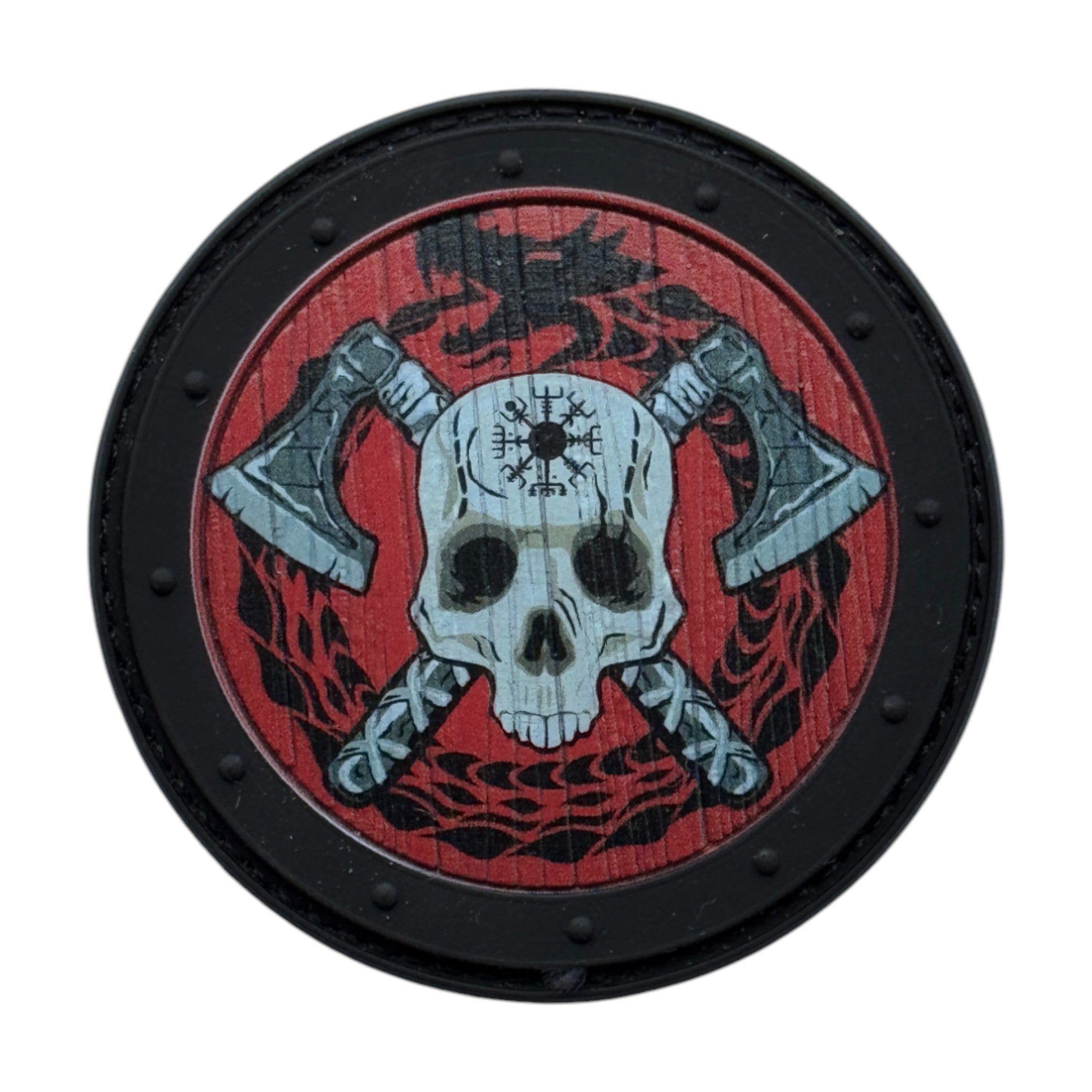 Viking skull with axes on a circle tactical military 3D PVC Hook and loop patch.