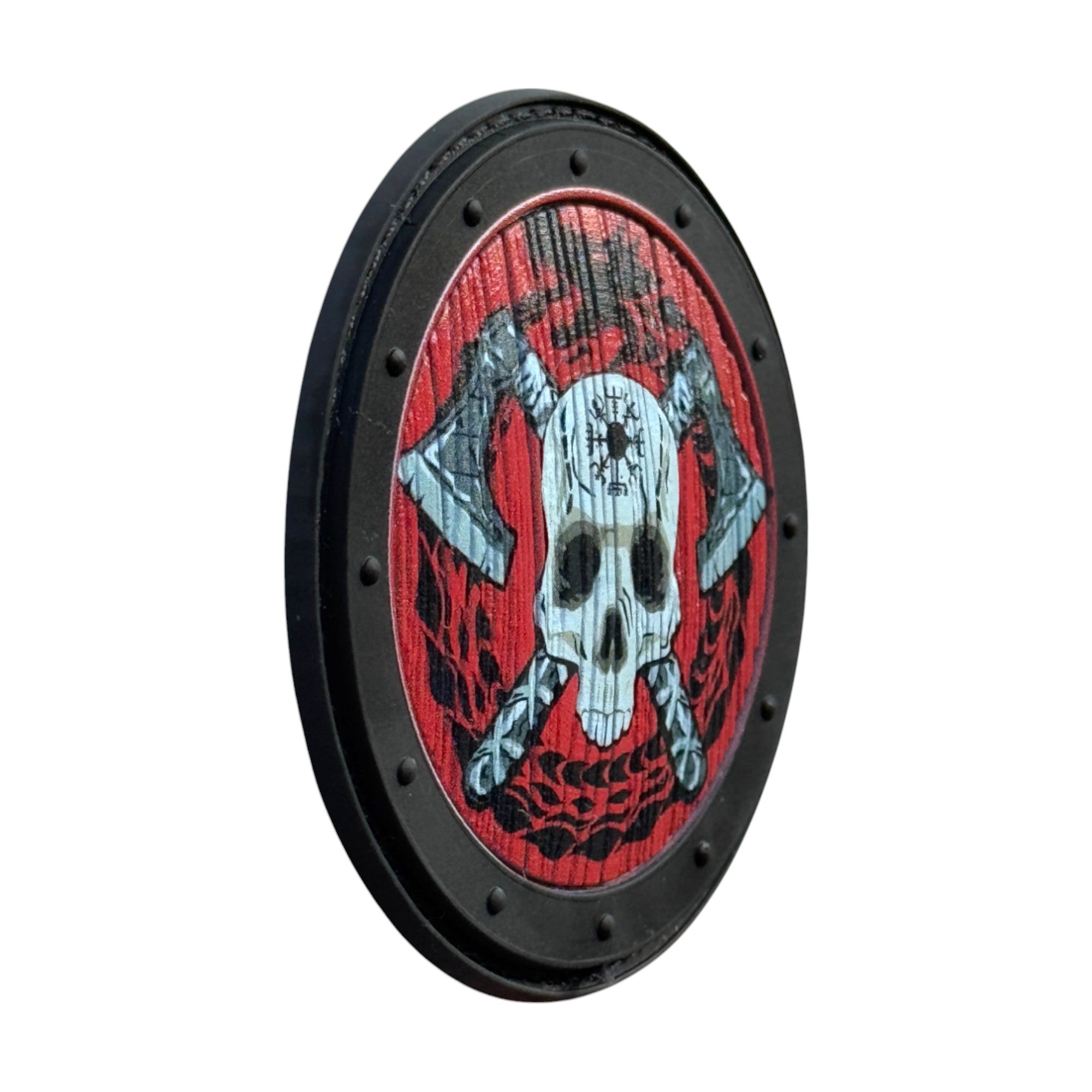 Viking skull with axes on a circle tactical military 3D PVC Hook and loop patch. Side view