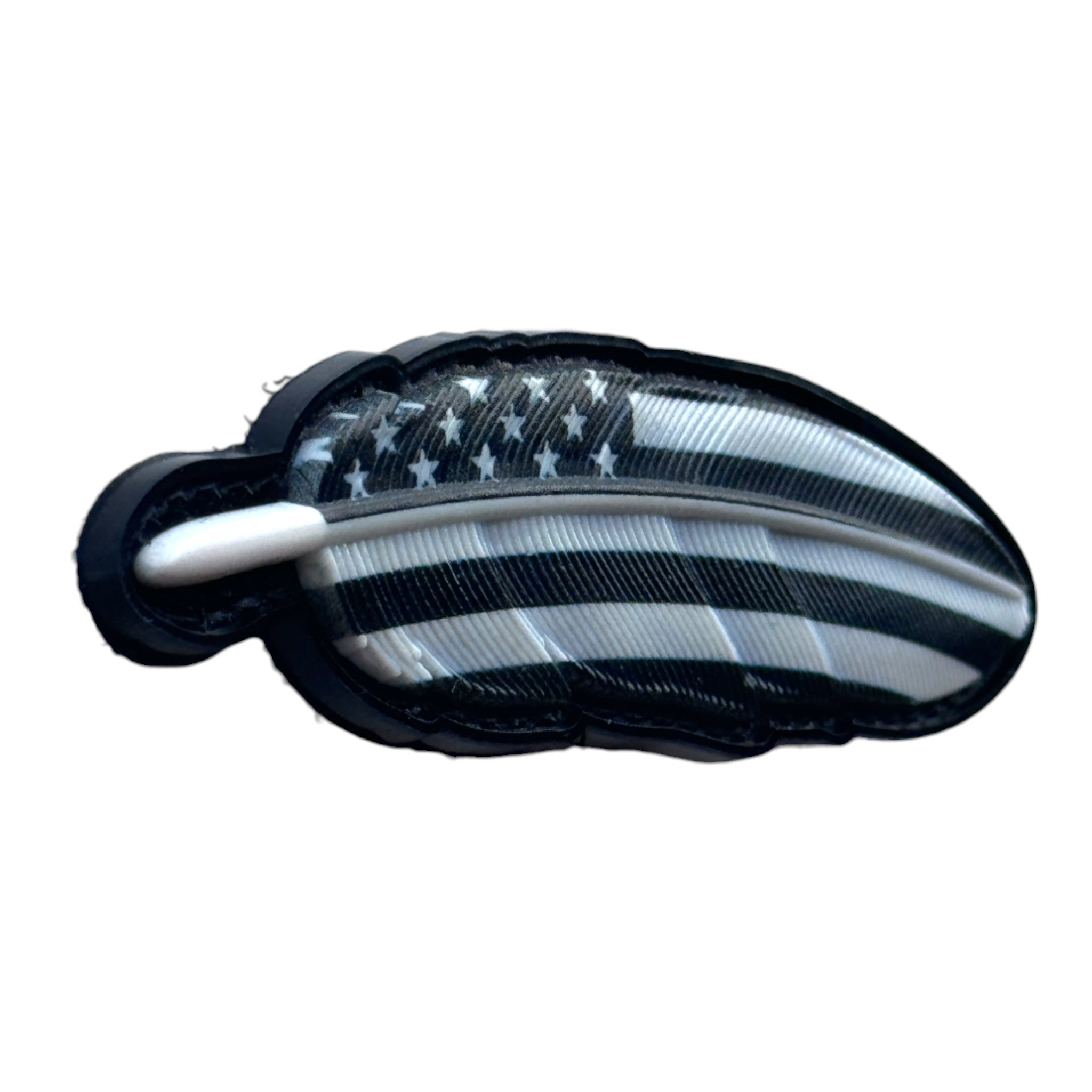 White USA flag feather 3D PVC Velcro patch with hook and loop backing. Side view