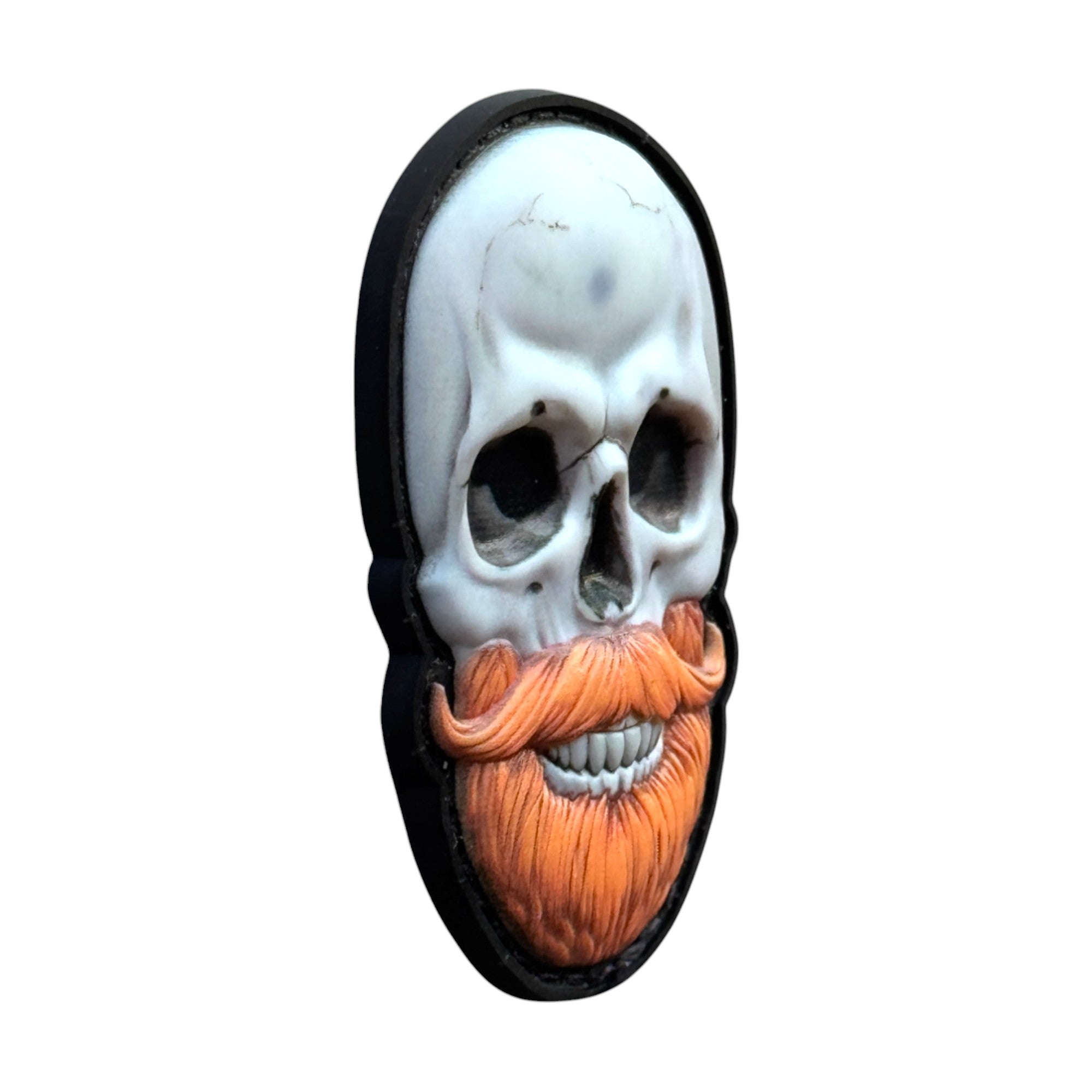 White bearded skull on tactical military 3D PVC Hook and loop patch. Side view