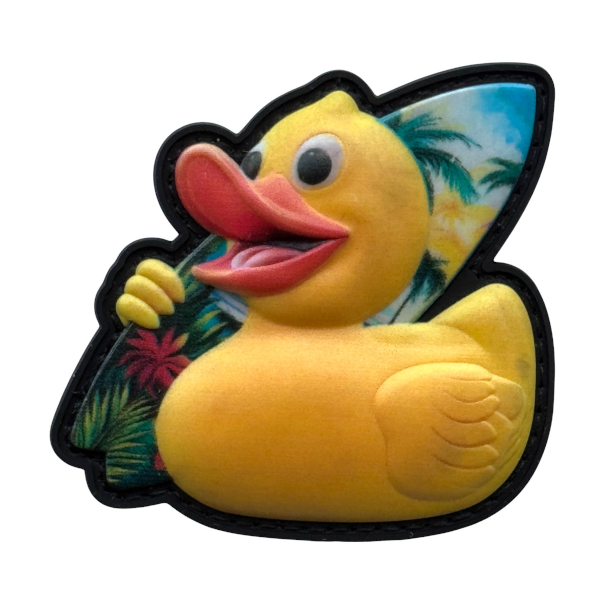 Yellow Surfer duck 3D PVC Velcro patch with hook and loop backing.