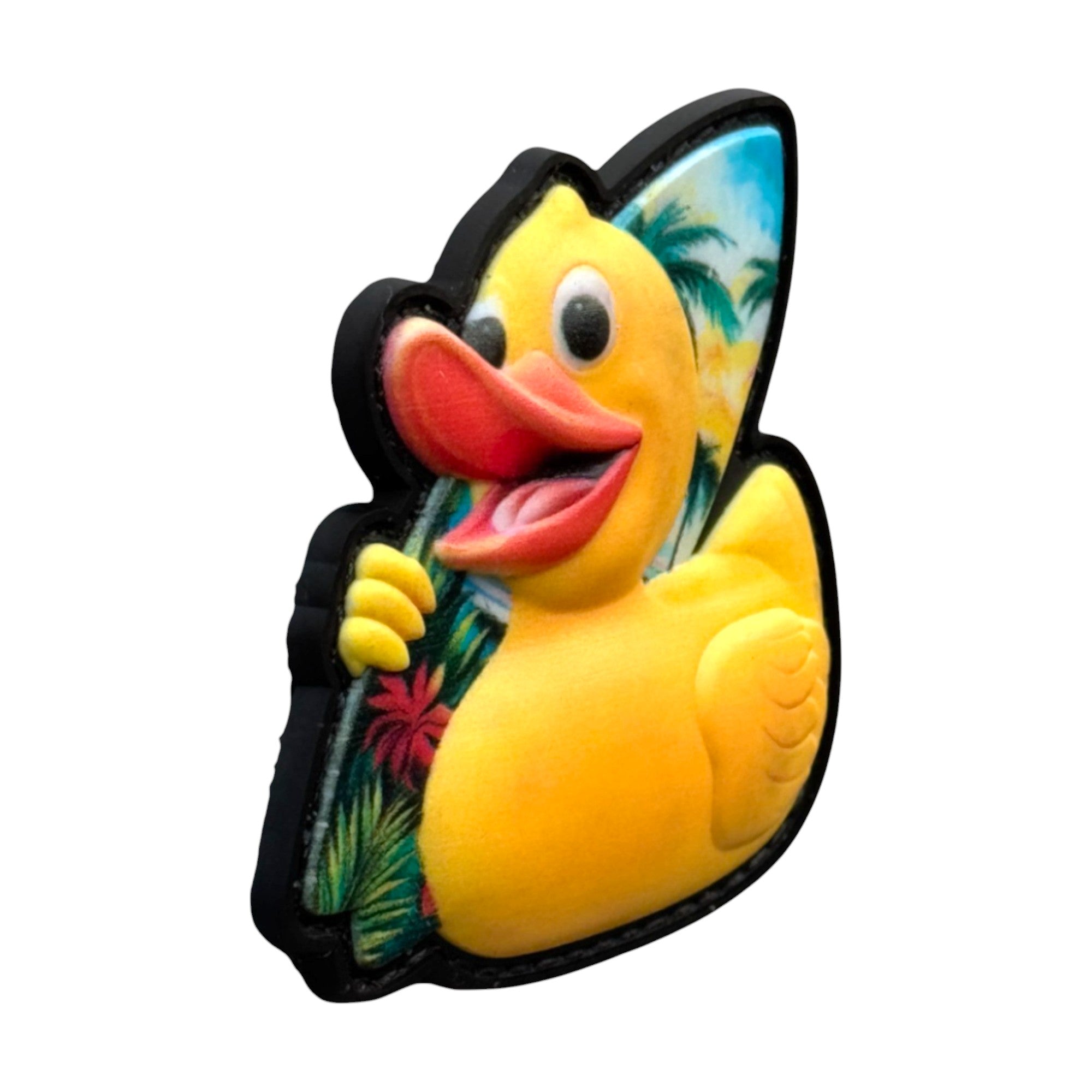 Yellow Surfer duck 3D PVC Velcro patch with hook and loop backing. Side view