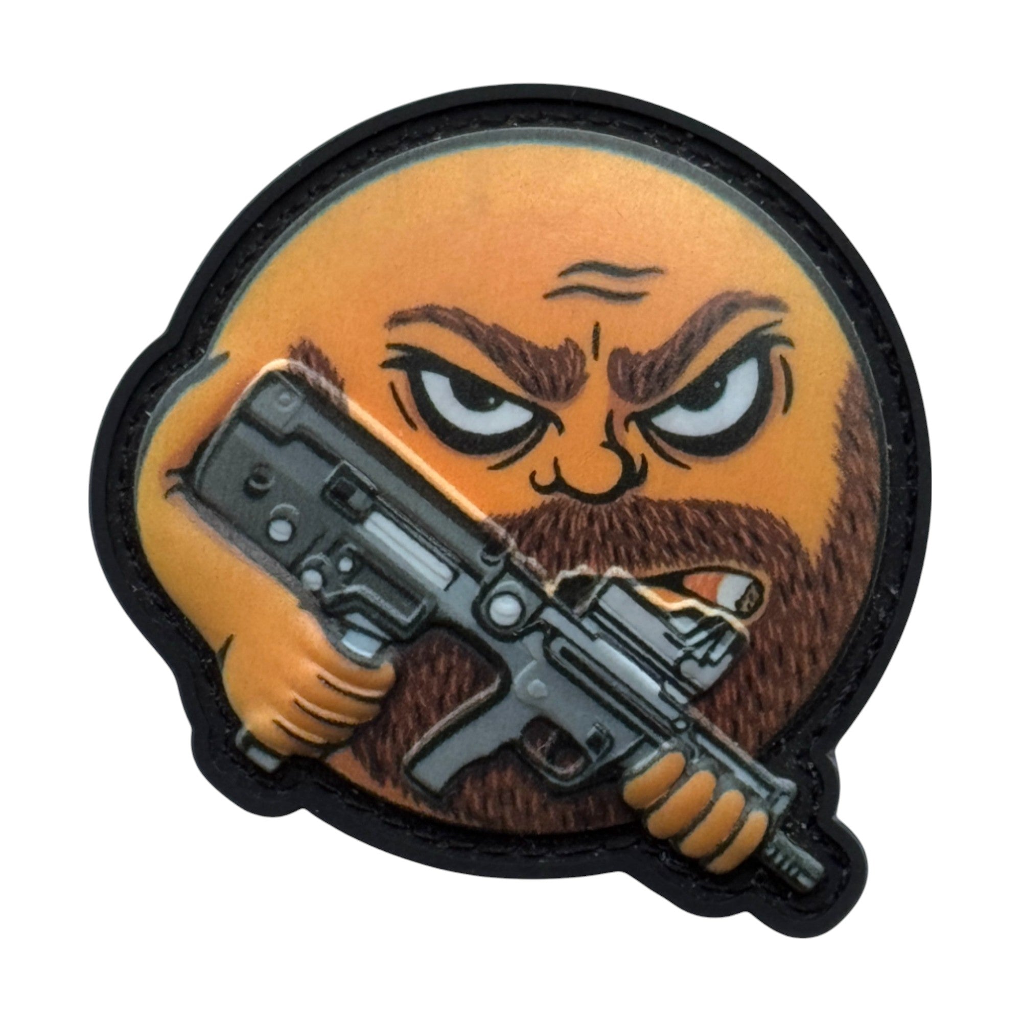 Yellow bearded emoji holding a rifle on a tactical military 3D PVC Hook and loop patch. Ideal for adding a unique and fun touch to your gear.