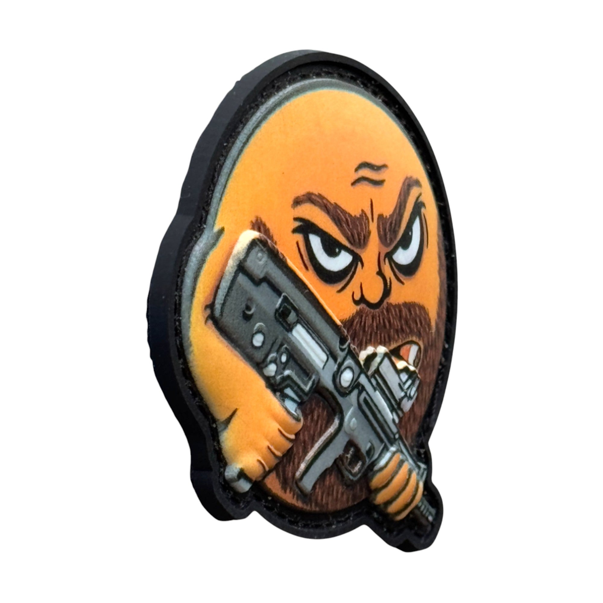 Yellow bearded emoji holding a rifle on a tactical military 3D PVC Hook and loop patch. Side view. Ideal for adding a unique and fun touch to your gear.