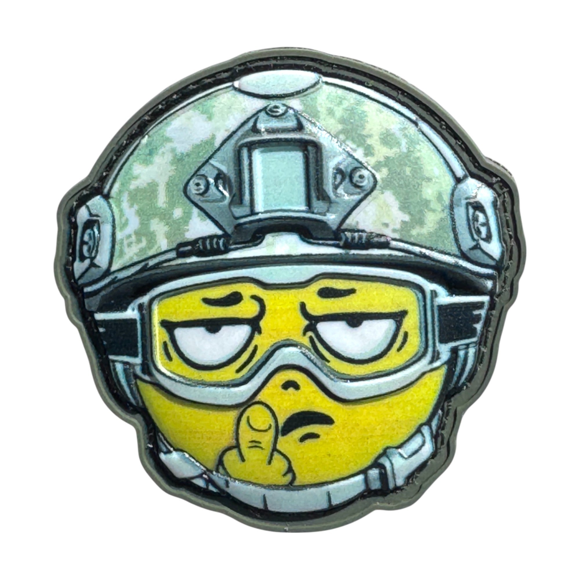Yellow emoji with middle finger, wearing a combat helmet on a tactical military 3D PVC Hook and loop patch. Ideal for adding a unique and fun touch to your gear.