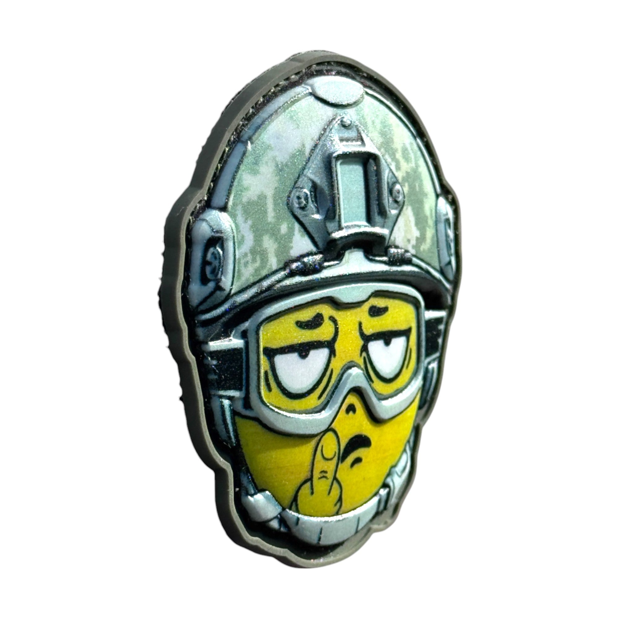 Yellow emoji with middle finger, wearing a combat helmet on a tactical military 3D PVC Hook and loop patch. side view. Ideal for adding a unique and fun touch to your gear.