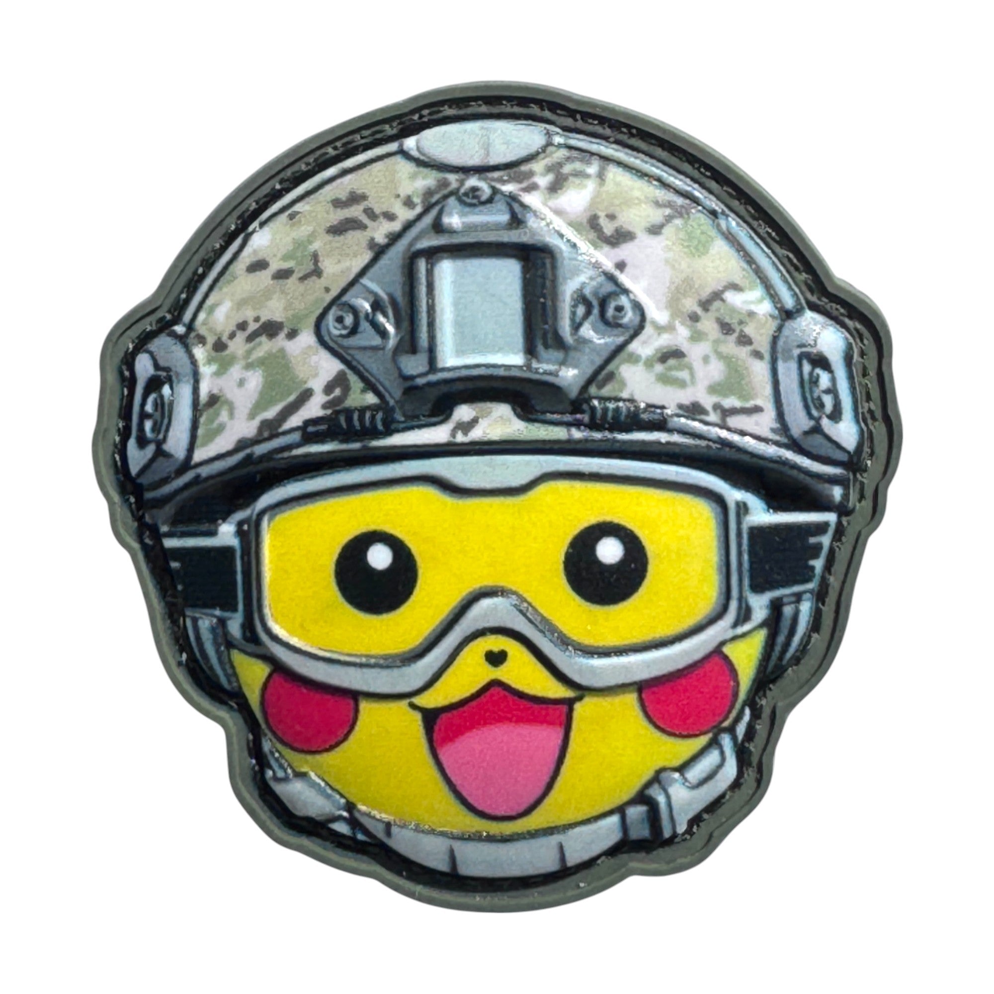 Yellow emoji with red cheeks, wearing a combat helmet on a tactical military 3D PVC Hook and loop patch. Ideal for adding a unique and fun touch to your gear.