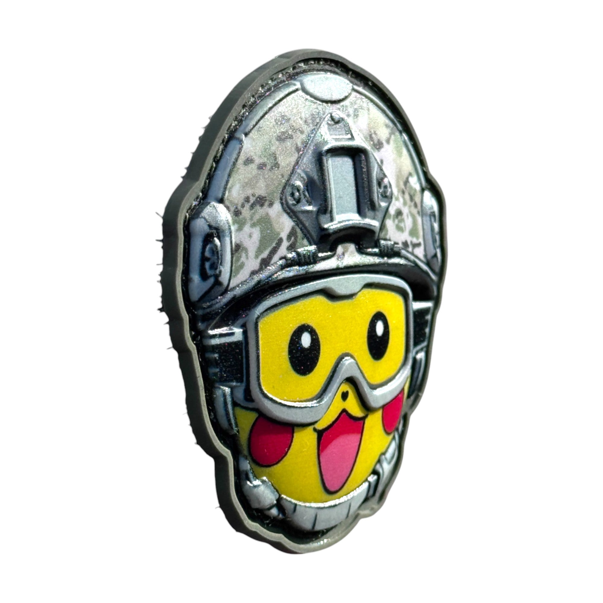 Yellow emoji with red cheeks, wearing a combat helmet on a tactical military 3D PVC Hook and loop patch. side view. Ideal for adding a unique and fun touch to your gear.