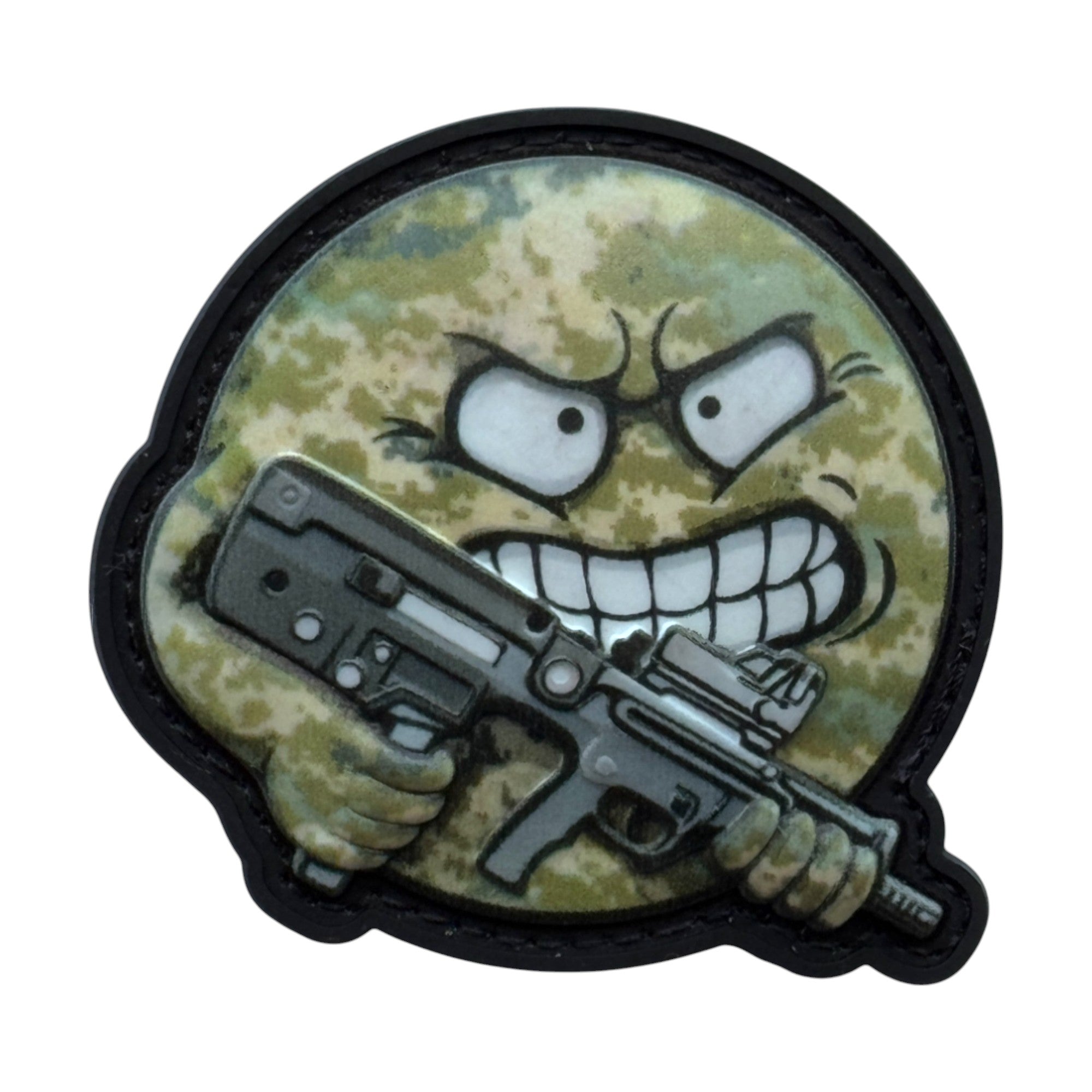 camo face emoji holding a rifle on a tactical military 3D PVC Hook and loop Velcro patch. Ideal for adding a unique and fun touch to your gear